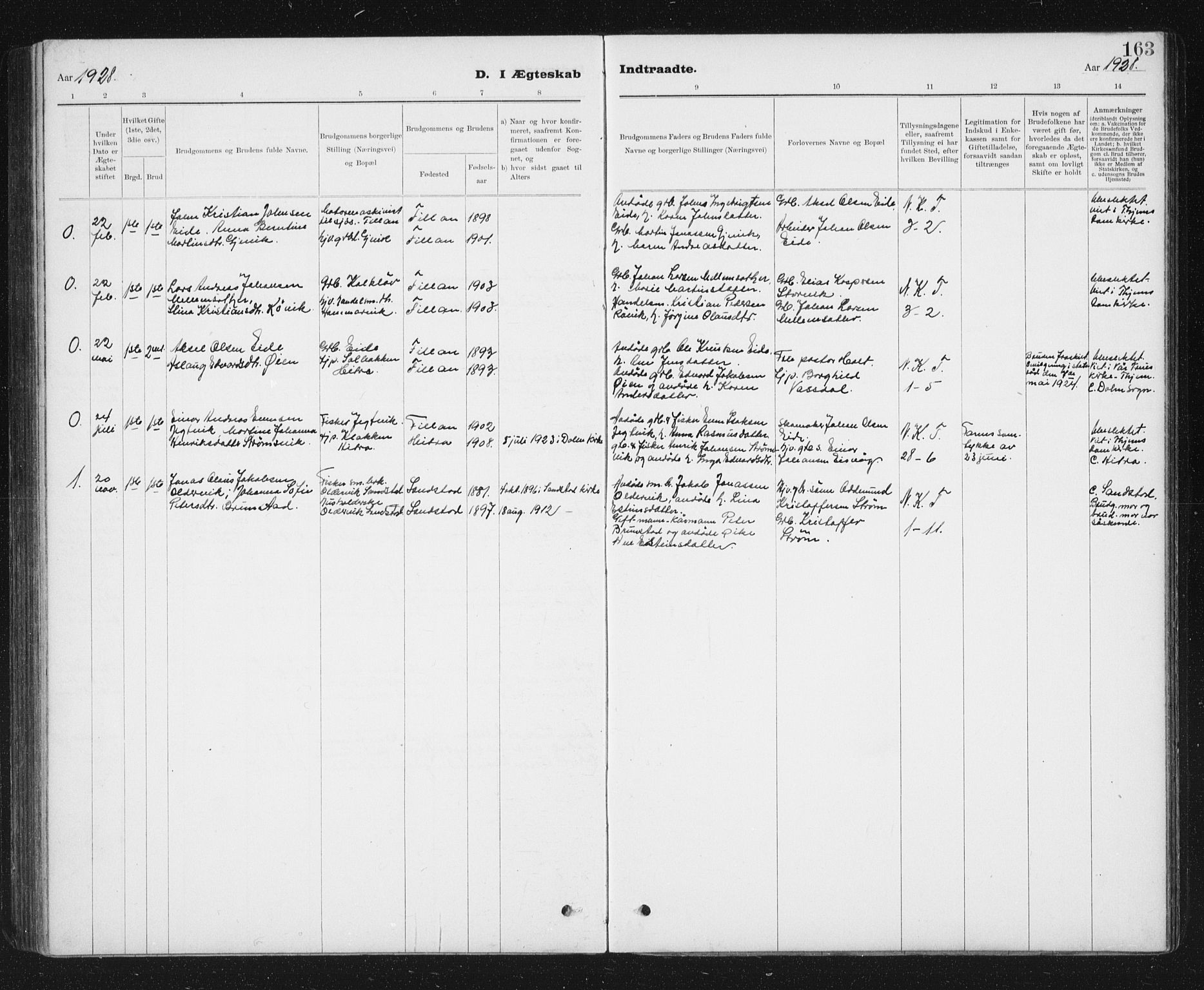 Ministerialprotokoller, klokkerbøker og fødselsregistre - Sør-Trøndelag, SAT/A-1456/637/L0563: Parish register (copy) no. 637C04, 1899-1940, p. 163