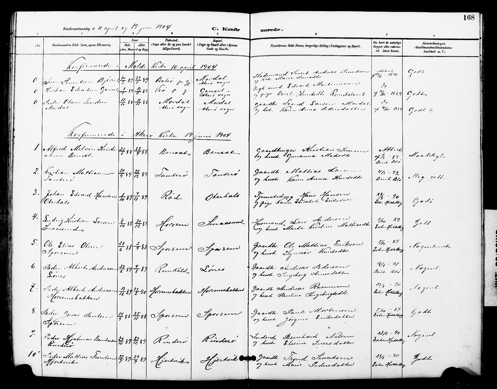 Ministerialprotokoller, klokkerbøker og fødselsregistre - Møre og Romsdal, SAT/A-1454/560/L0725: Parish register (copy) no. 560C02, 1895-1930, p. 168