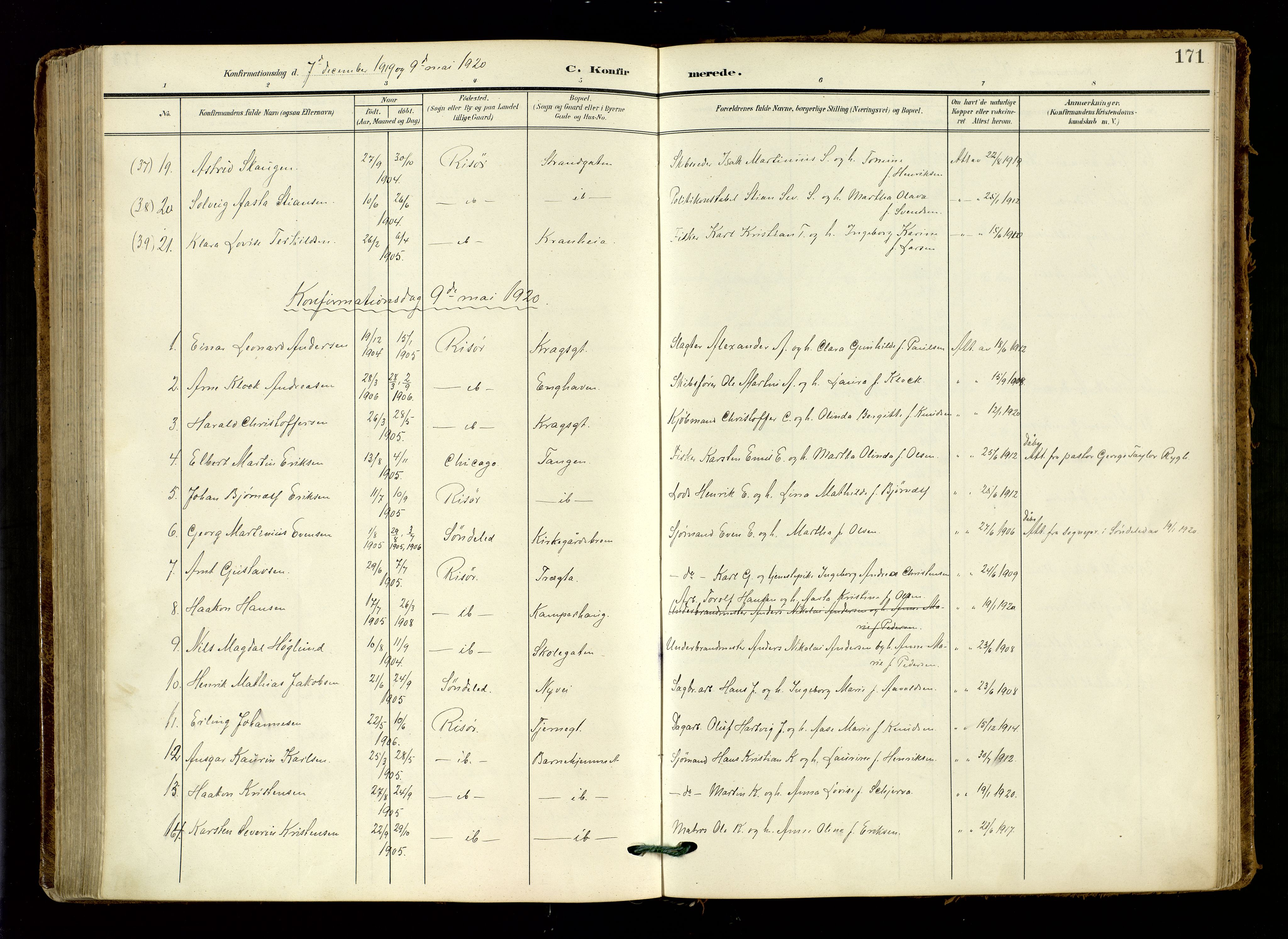 Risør sokneprestkontor, AV/SAK-1111-0035/F/Fa/L0011: Parish register (official) no. A 11, 1907-1920, p. 171