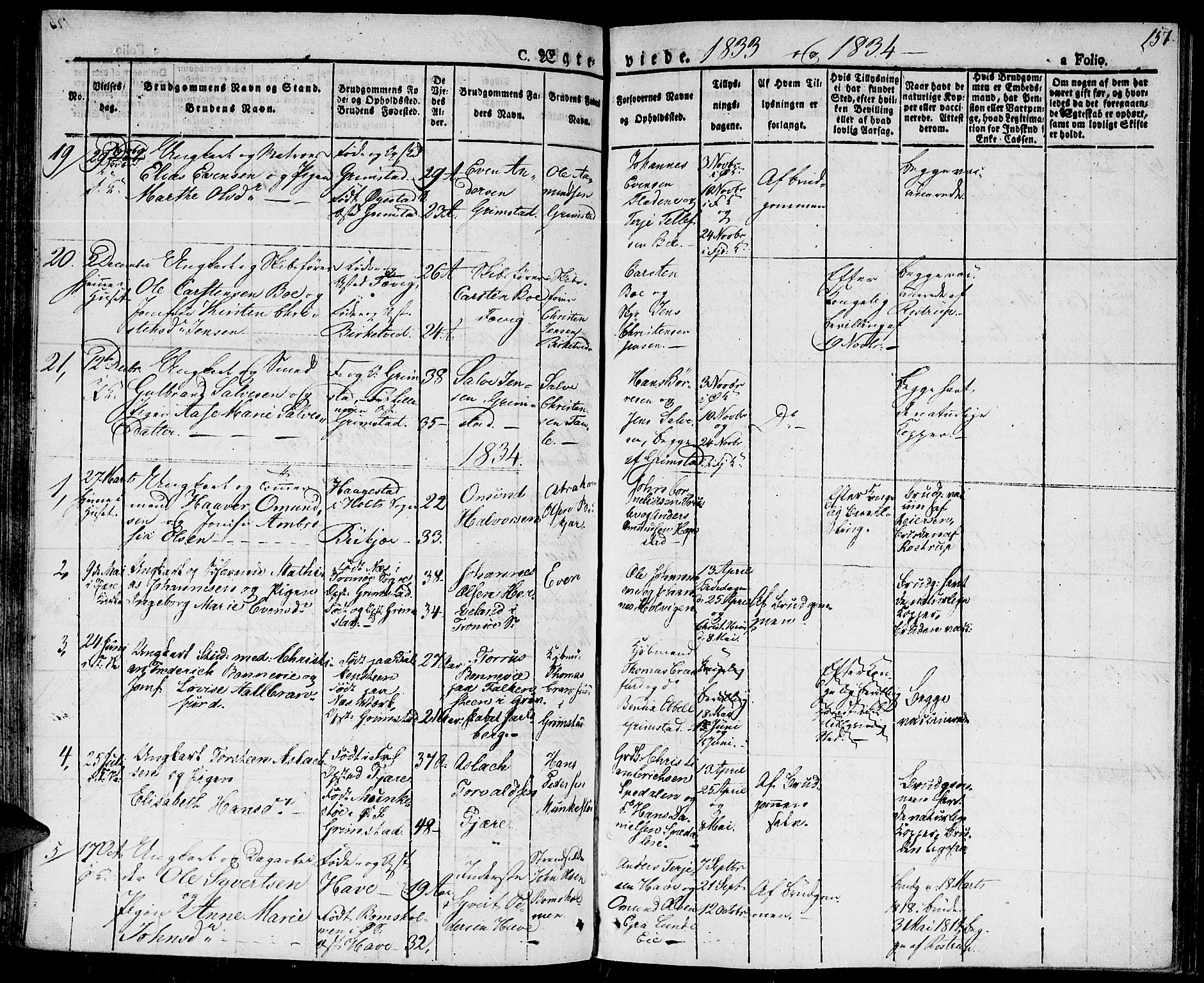 Fjære sokneprestkontor, AV/SAK-1111-0011/F/Fa/L0002: Parish register (official) no. A 2, 1827-1839, p. 157