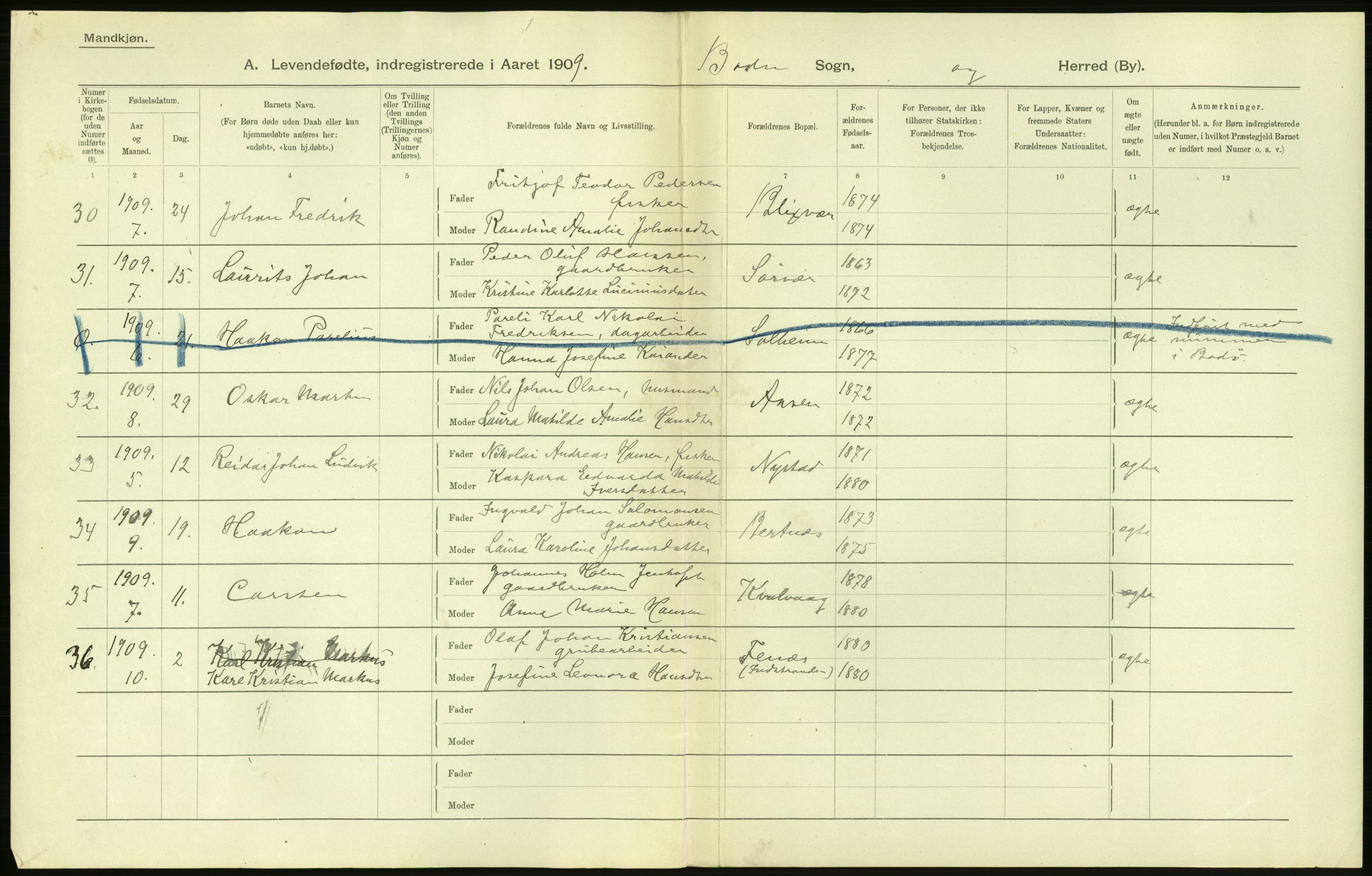 Statistisk sentralbyrå, Sosiodemografiske emner, Befolkning, AV/RA-S-2228/D/Df/Dfa/Dfag/L0044: Nordlands amt: Levendefødte menn og kvinner. Bygder., 1909, p. 24