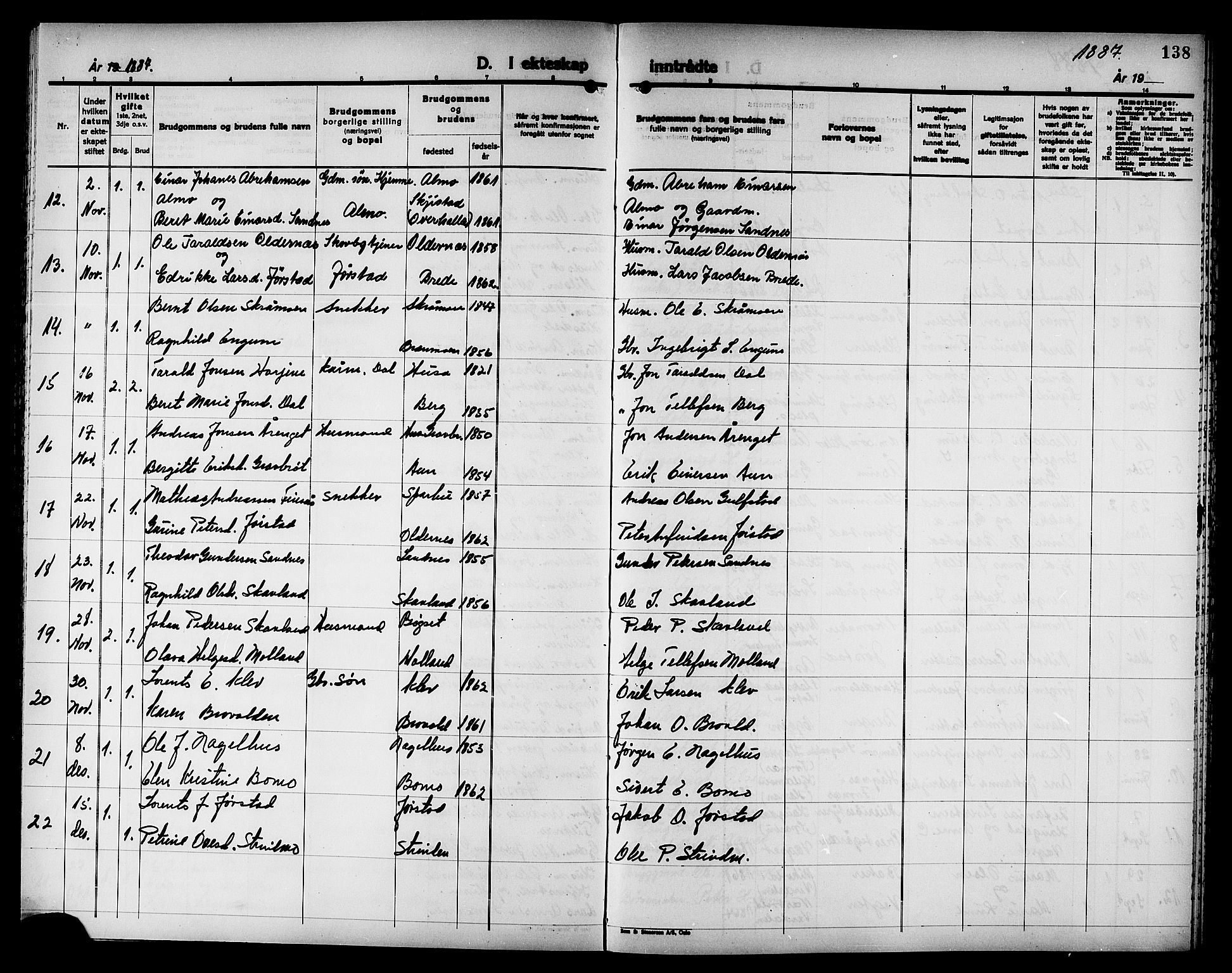 Ministerialprotokoller, klokkerbøker og fødselsregistre - Nord-Trøndelag, AV/SAT-A-1458/749/L0487: Parish register (official) no. 749D03, 1887-1902, p. 138