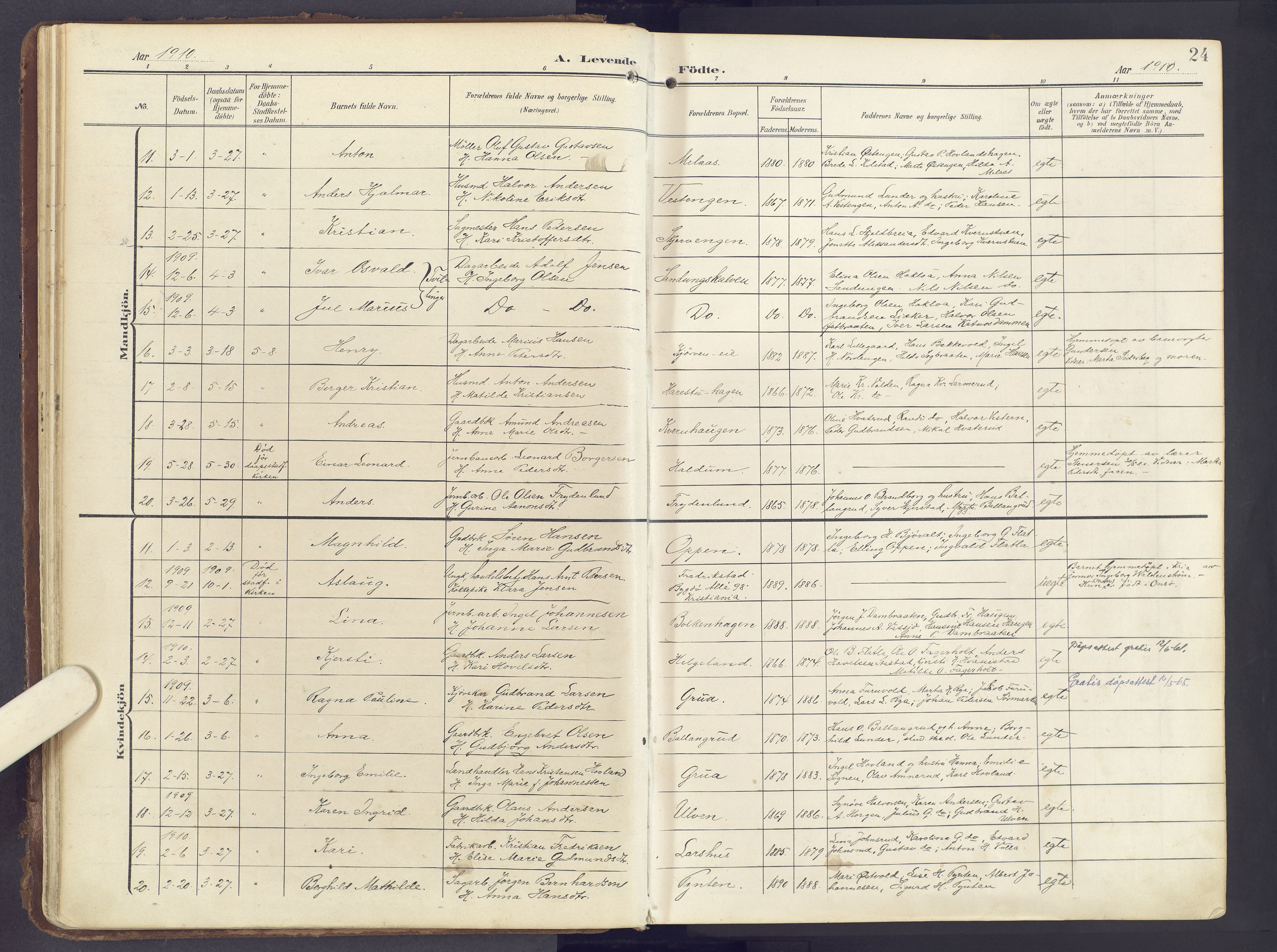 Lunner prestekontor, AV/SAH-PREST-118/H/Ha/Haa/L0001: Parish register (official) no. 1, 1907-1922, p. 24