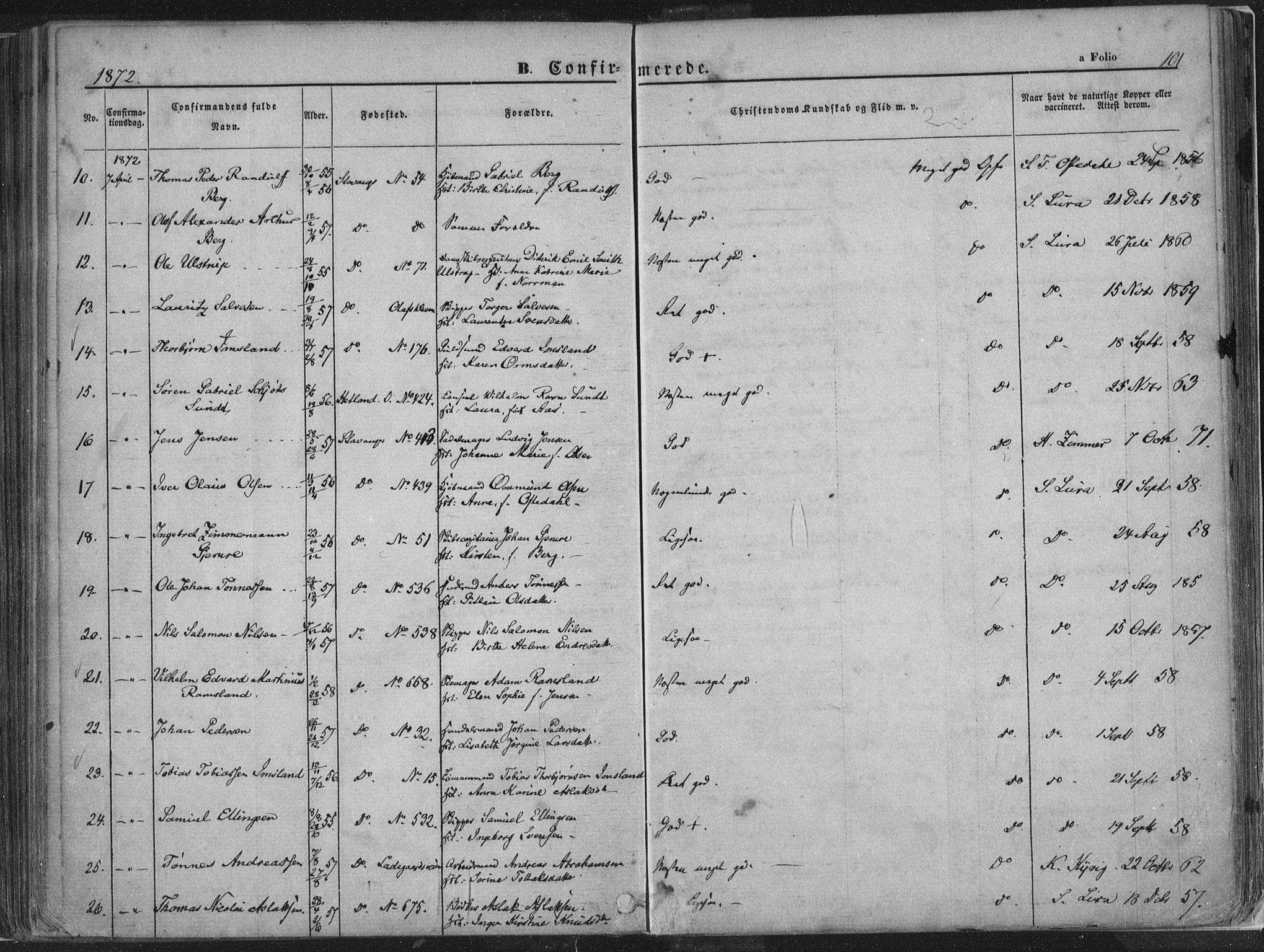 Domkirken sokneprestkontor, AV/SAST-A-101812/001/30/30BA/L0018: Parish register (official) no. A 17, 1857-1877, p. 101