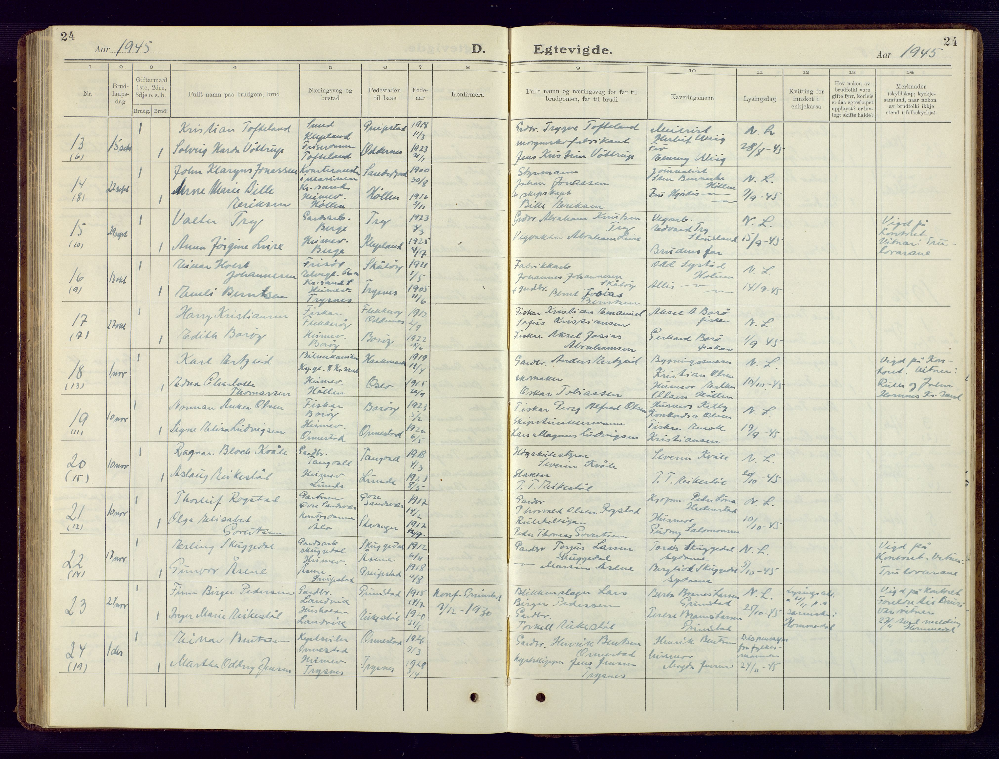 Søgne sokneprestkontor, SAK/1111-0037/F/Fb/Fbb/L0008: Parish register (copy) no. B 8, 1932-1949, p. 24