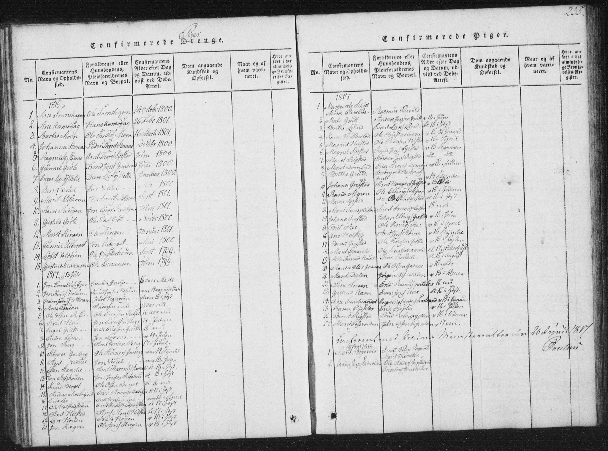 Ministerialprotokoller, klokkerbøker og fødselsregistre - Sør-Trøndelag, SAT/A-1456/672/L0862: Parish register (copy) no. 672C01, 1816-1831, p. 235