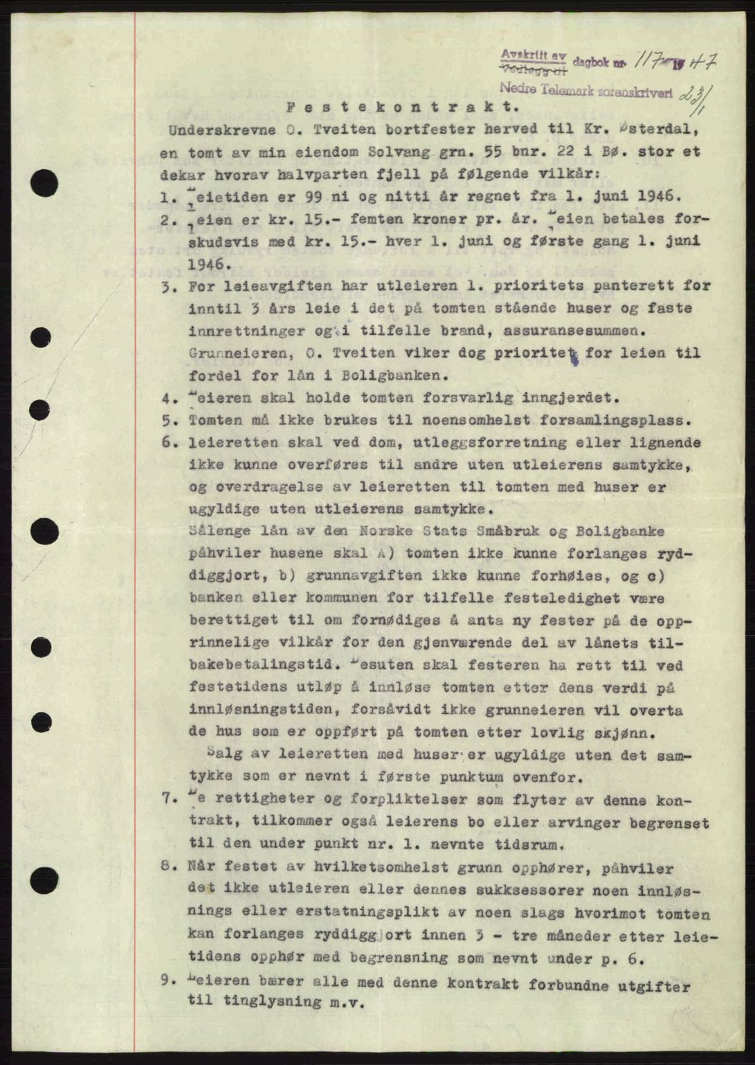 Nedre Telemark sorenskriveri, AV/SAKO-A-135/G/Ga/Gaa/L0057: Mortgage book no. A-57, 1946-1947, Diary no: : 117/1947