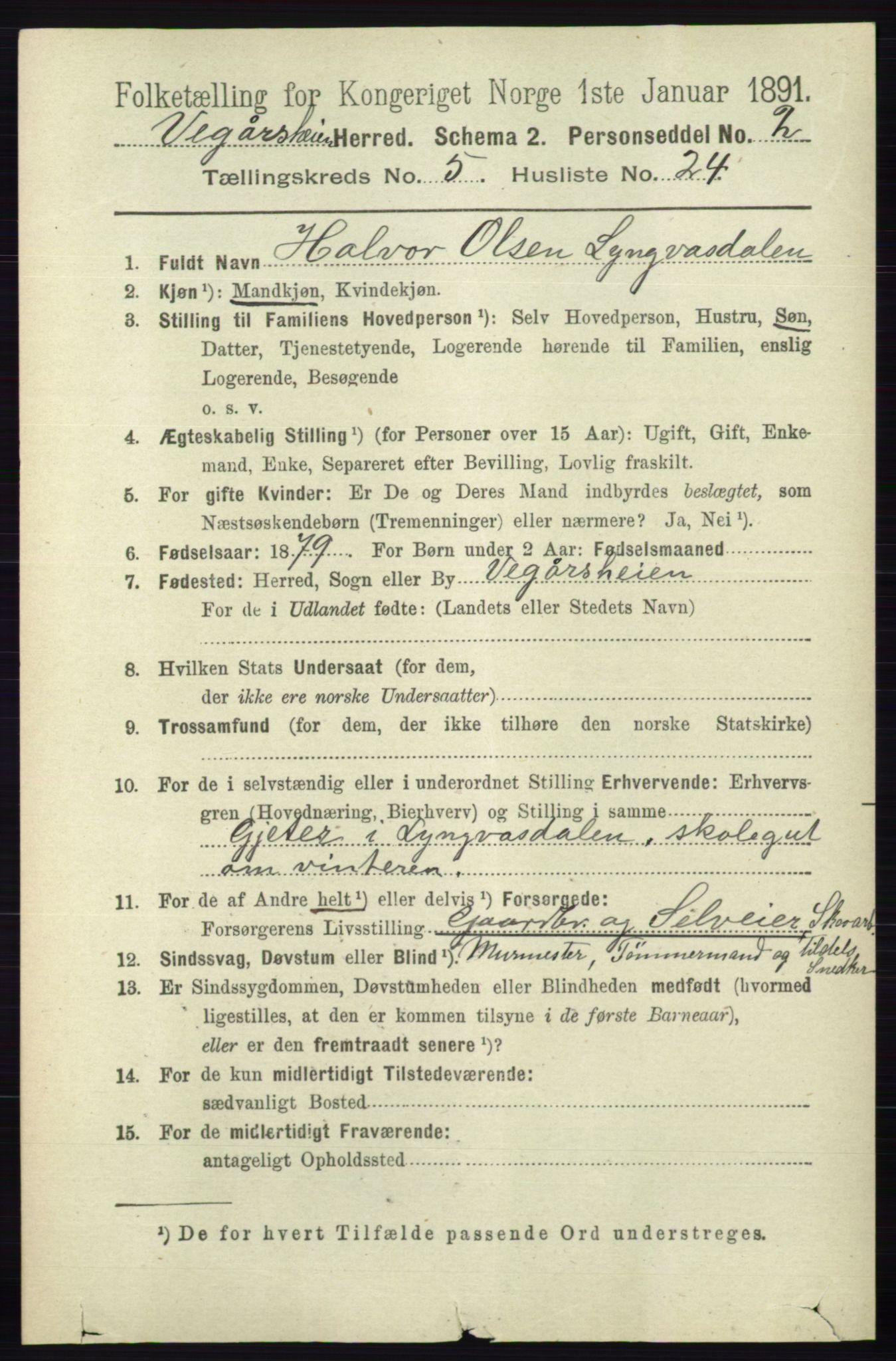 RA, 1891 census for 0912 Vegårshei, 1891, p. 1137