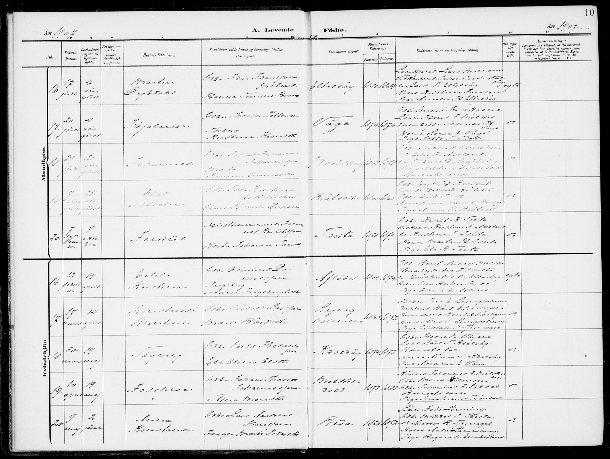 Sveio Sokneprestembete, AV/SAB-A-78501/H/Haa: Parish register (official) no. B  4, 1906-1919, p. 10