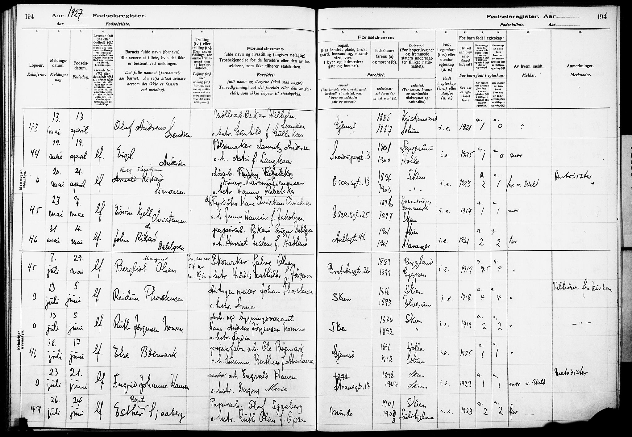 Skien kirkebøker, AV/SAKO-A-302/J/Ja/L0002: Birth register no. 2, 1921-1927, p. 194