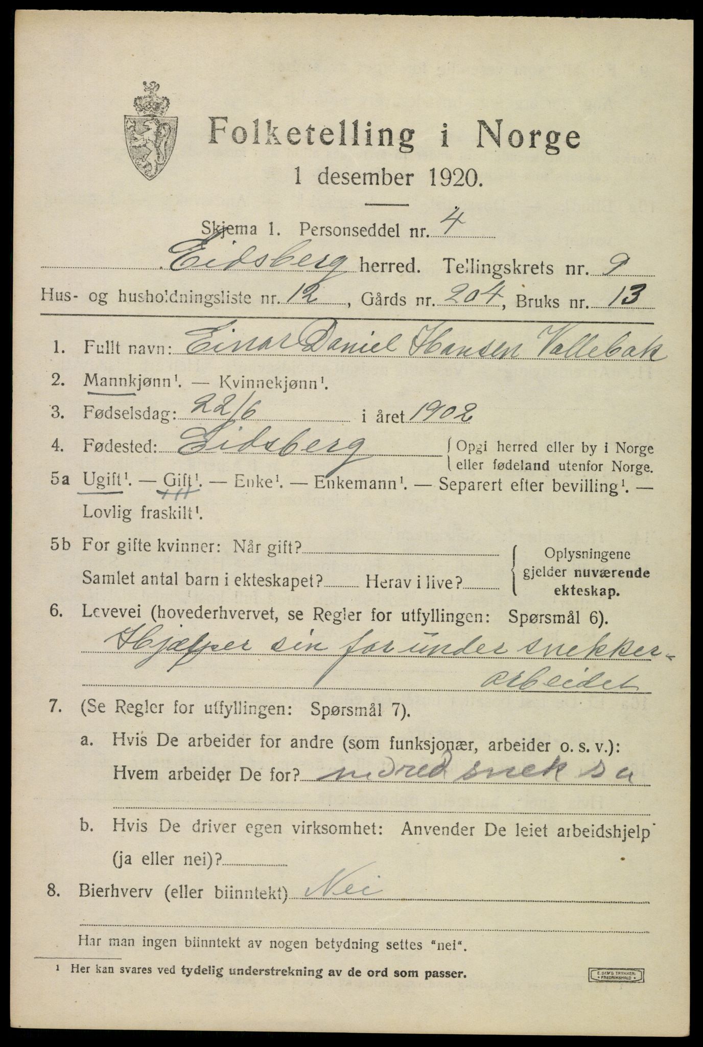 SAO, 1920 census for Eidsberg, 1920, p. 10591