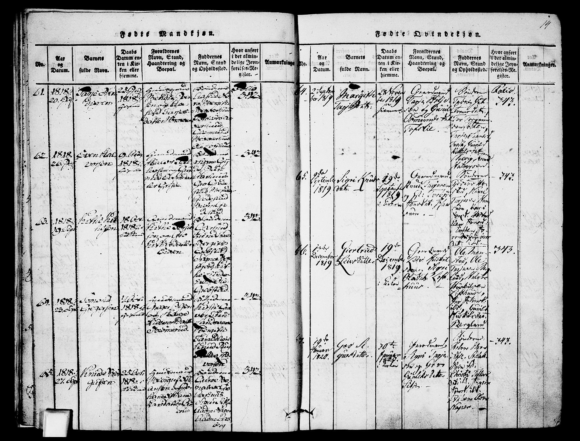 Fyresdal kirkebøker, SAKO/A-263/F/Fa/L0003: Parish register (official) no. I 3, 1815-1840, p. 14