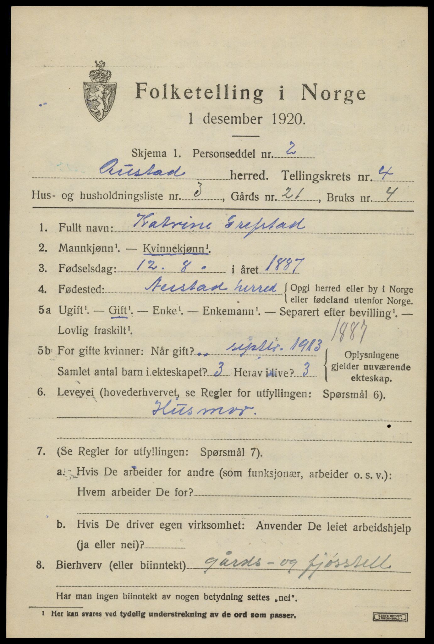 SAK, 1920 census for Austad, 1920, p. 1431