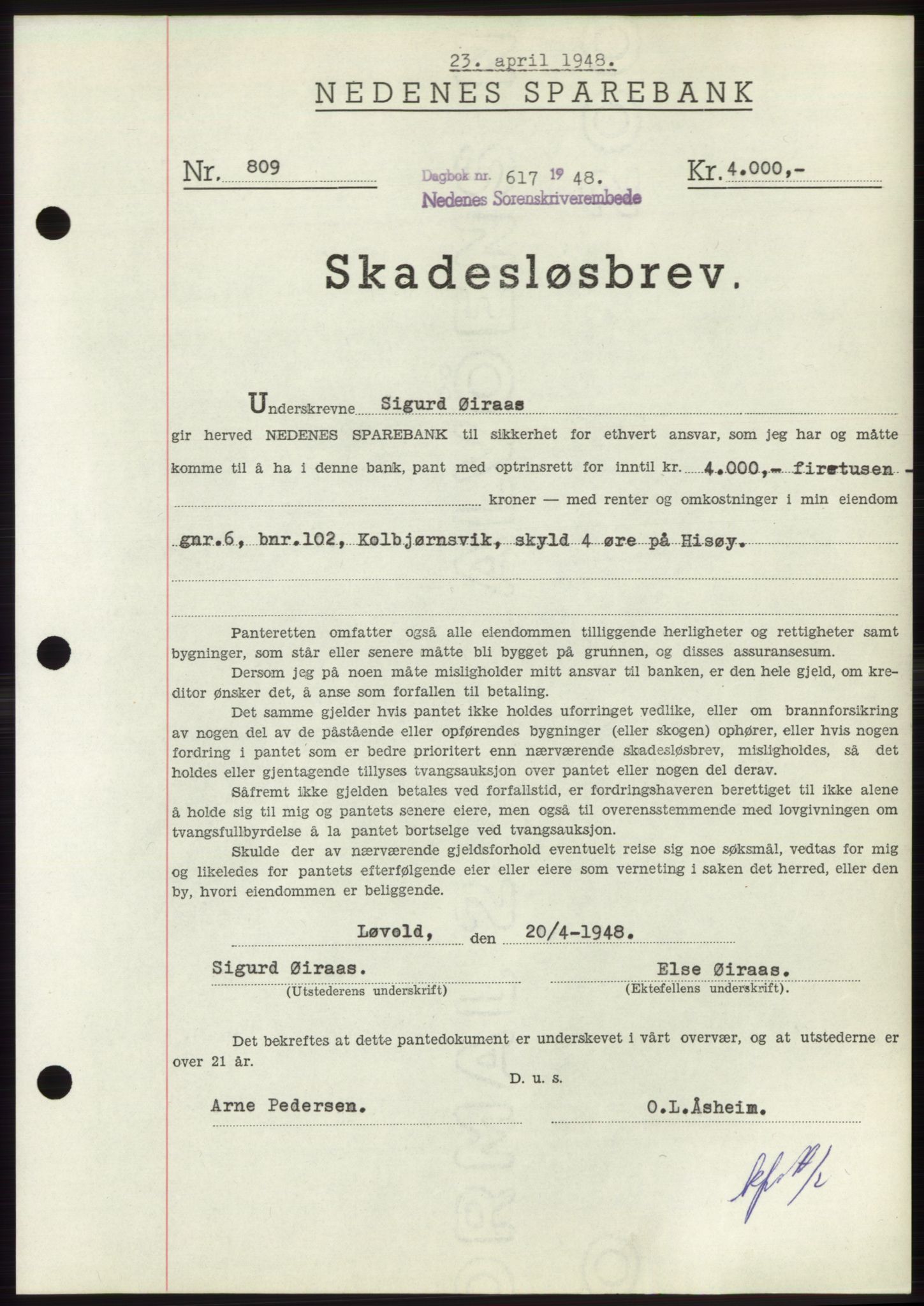 Nedenes sorenskriveri, AV/SAK-1221-0006/G/Gb/Gbb/L0005: Mortgage book no. B5, 1948-1948, Diary no: : 617/1948