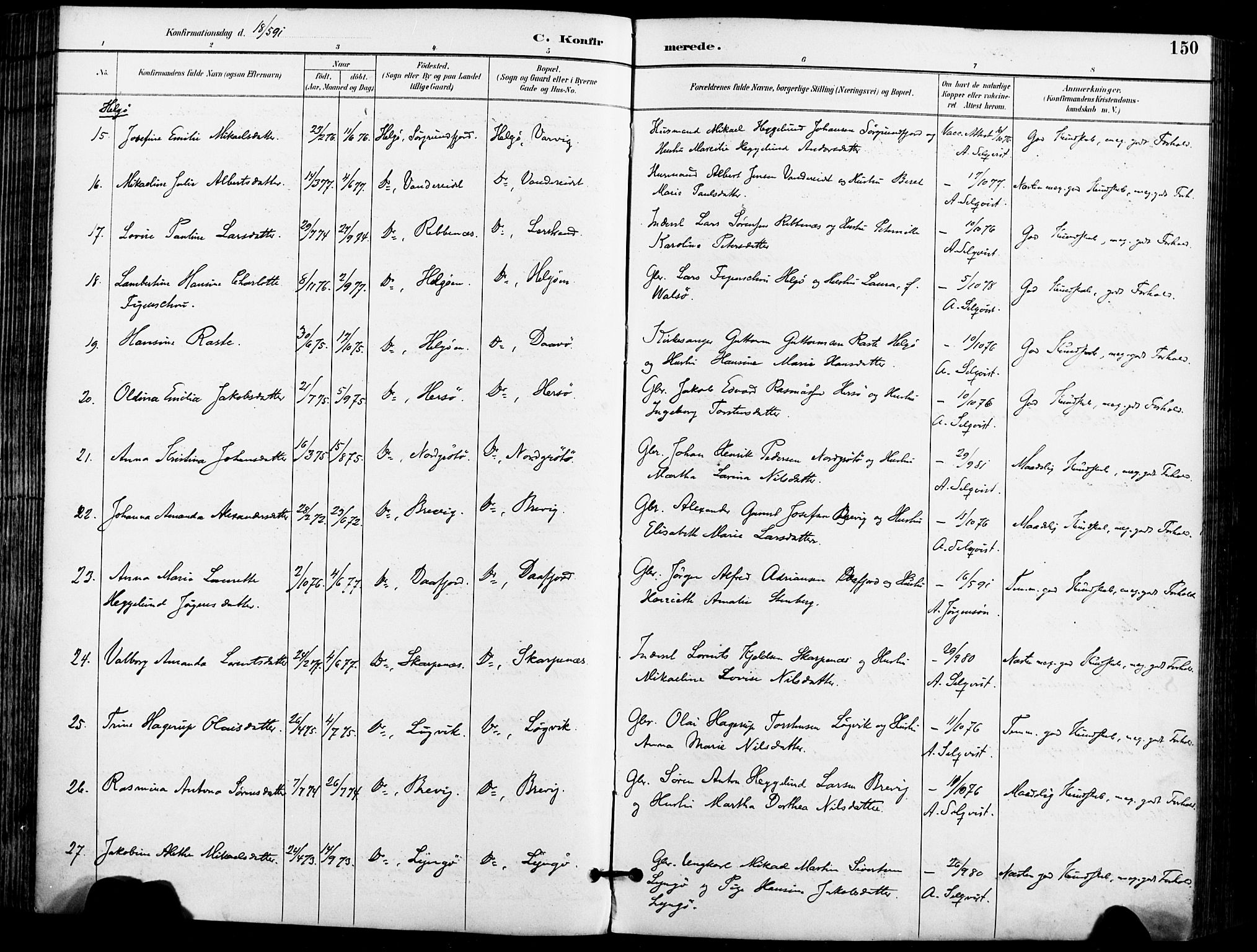 Karlsøy sokneprestembete, SATØ/S-1299/H/Ha/Haa/L0007kirke: Parish register (official) no. 7, 1891-1902, p. 150
