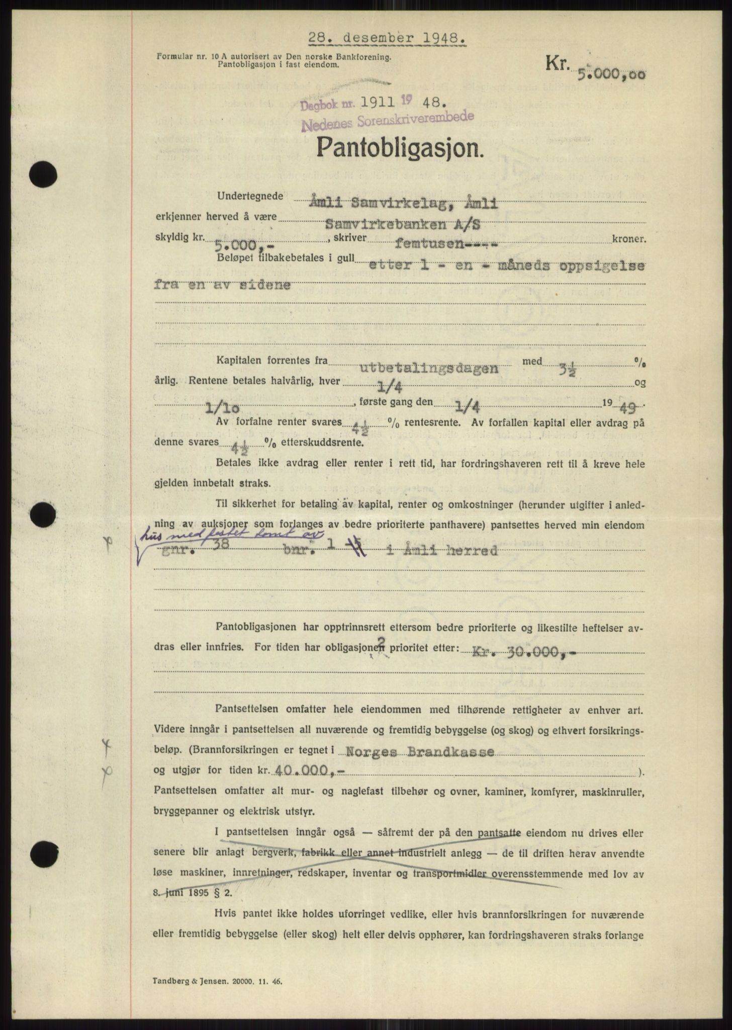 Nedenes sorenskriveri, SAK/1221-0006/G/Gb/Gbb/L0006: Mortgage book no. B6, 1948-1949, Diary no: : 1911/1948