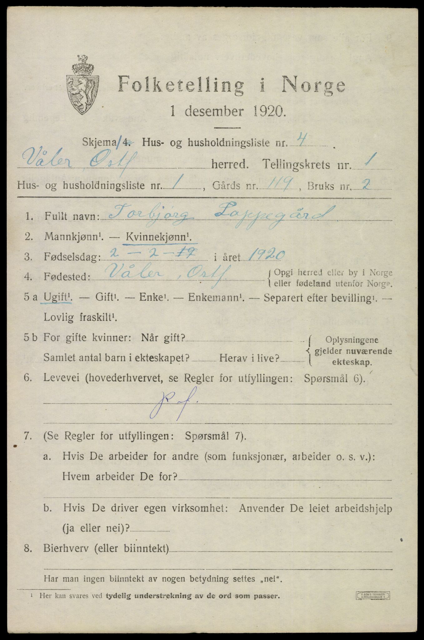 SAO, 1920 census for Våler, 1920, p. 918