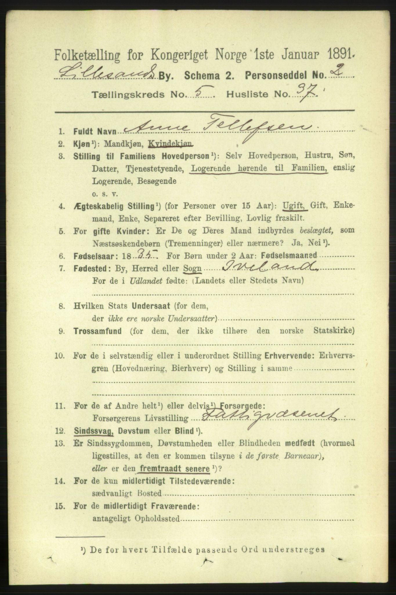 RA, 1891 census for 0905 Lillesand, 1891, p. 1611