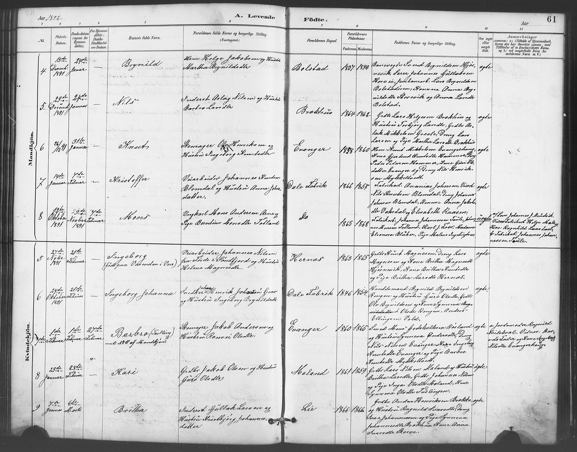 Evanger sokneprestembete, AV/SAB-A-99924: Parish register (copy) no. A 4, 1887-1897, p. 61