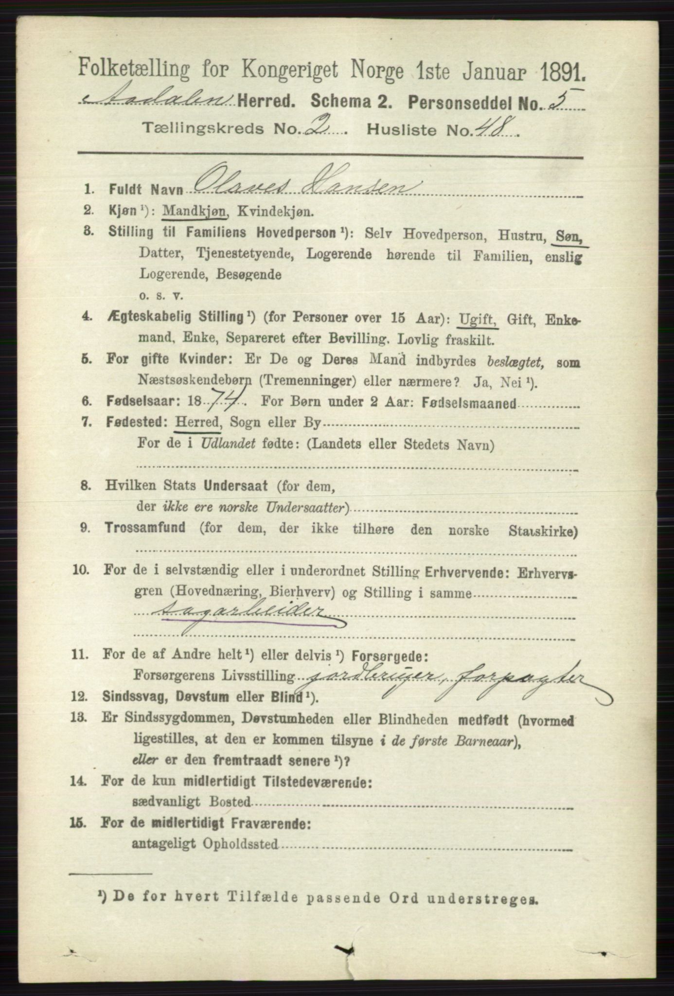 RA, 1891 census for 0614 Ådal, 1891, p. 959