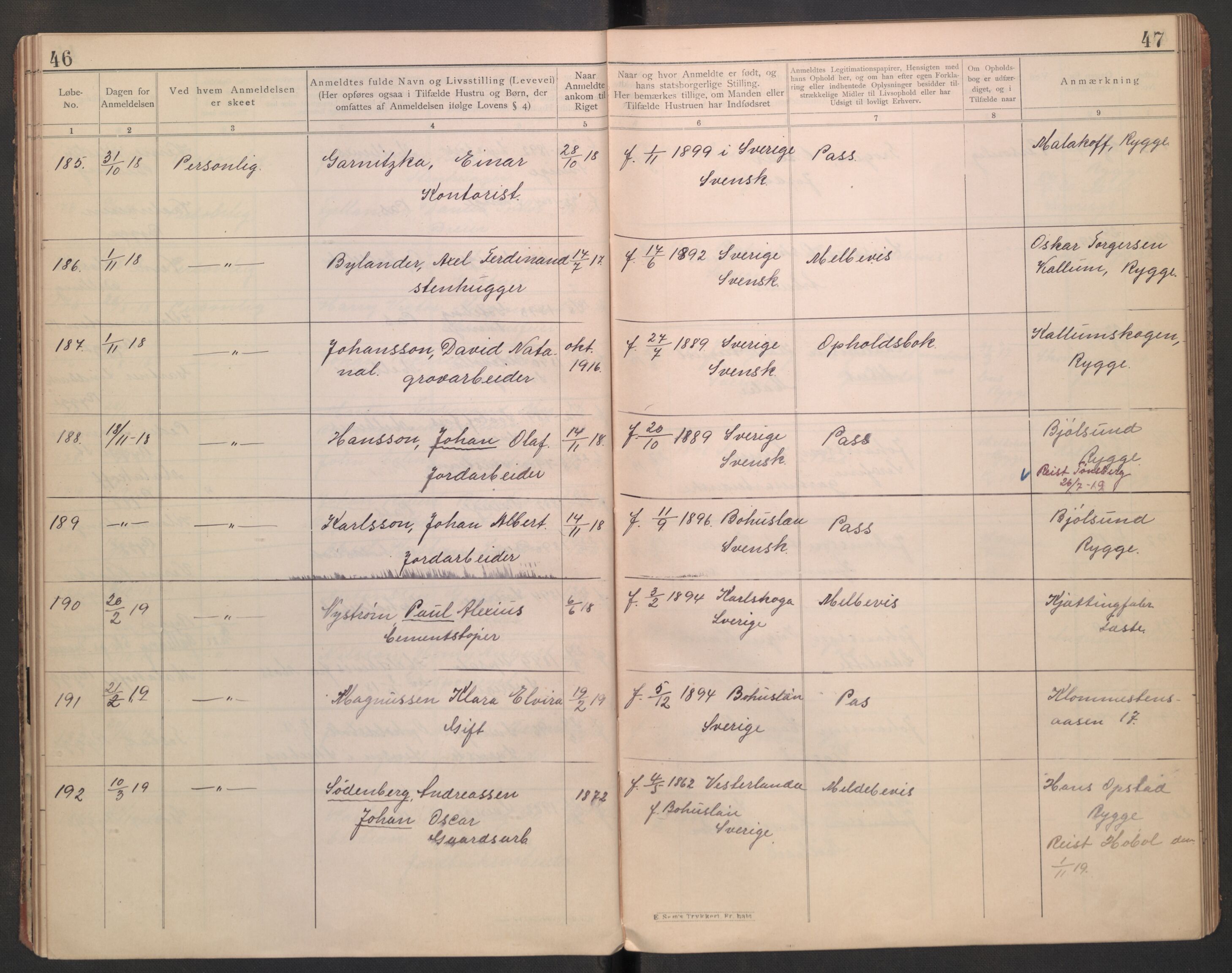 Rygge lensmannskontor, AV/SAO-A-10005/I/Ic/Ica/L0002: Protokoll over fremmede statsborgere, 1902-1928, p. 46-47