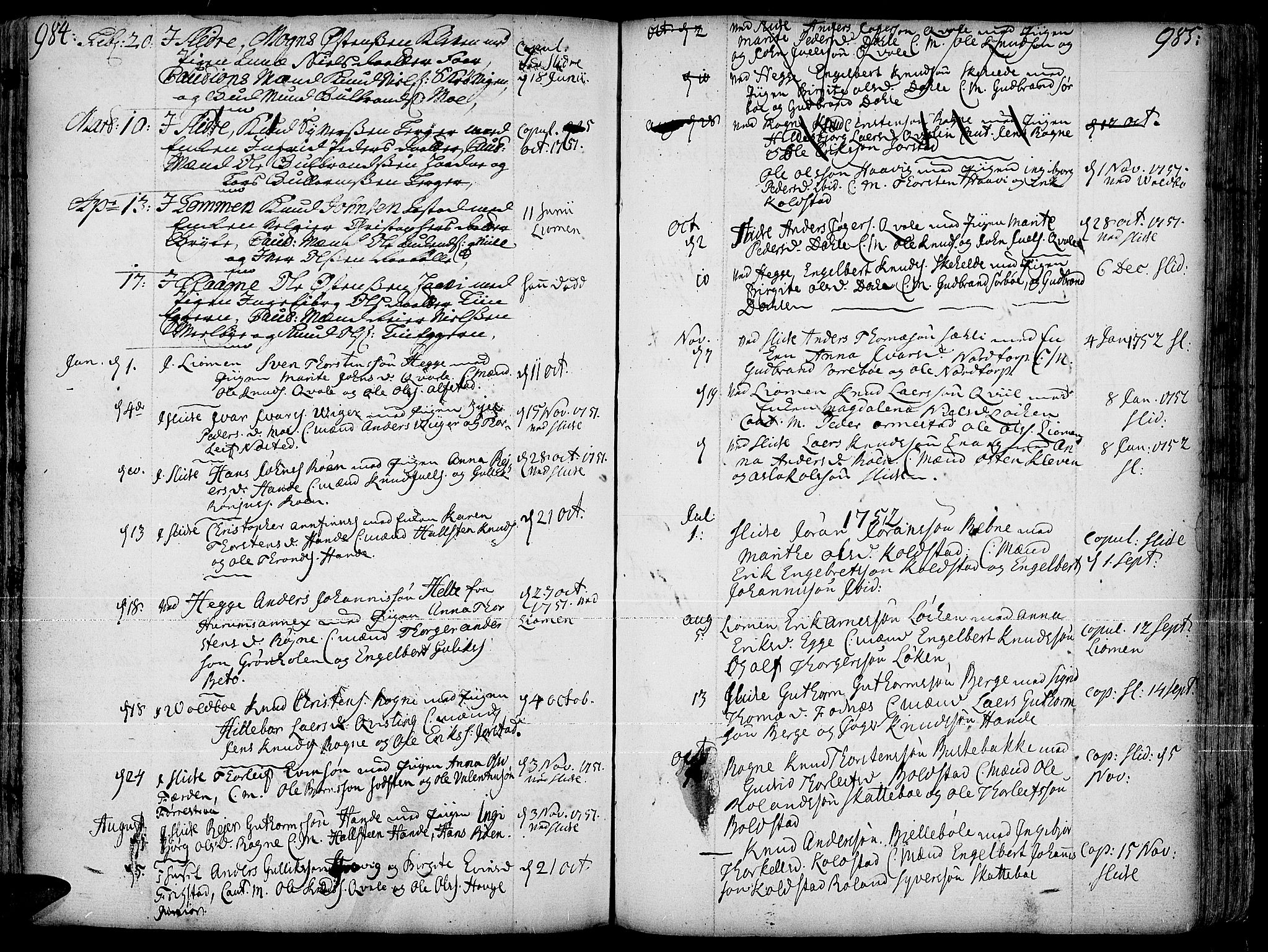 Slidre prestekontor, AV/SAH-PREST-134/H/Ha/Haa/L0001: Parish register (official) no. 1, 1724-1814, p. 984-985