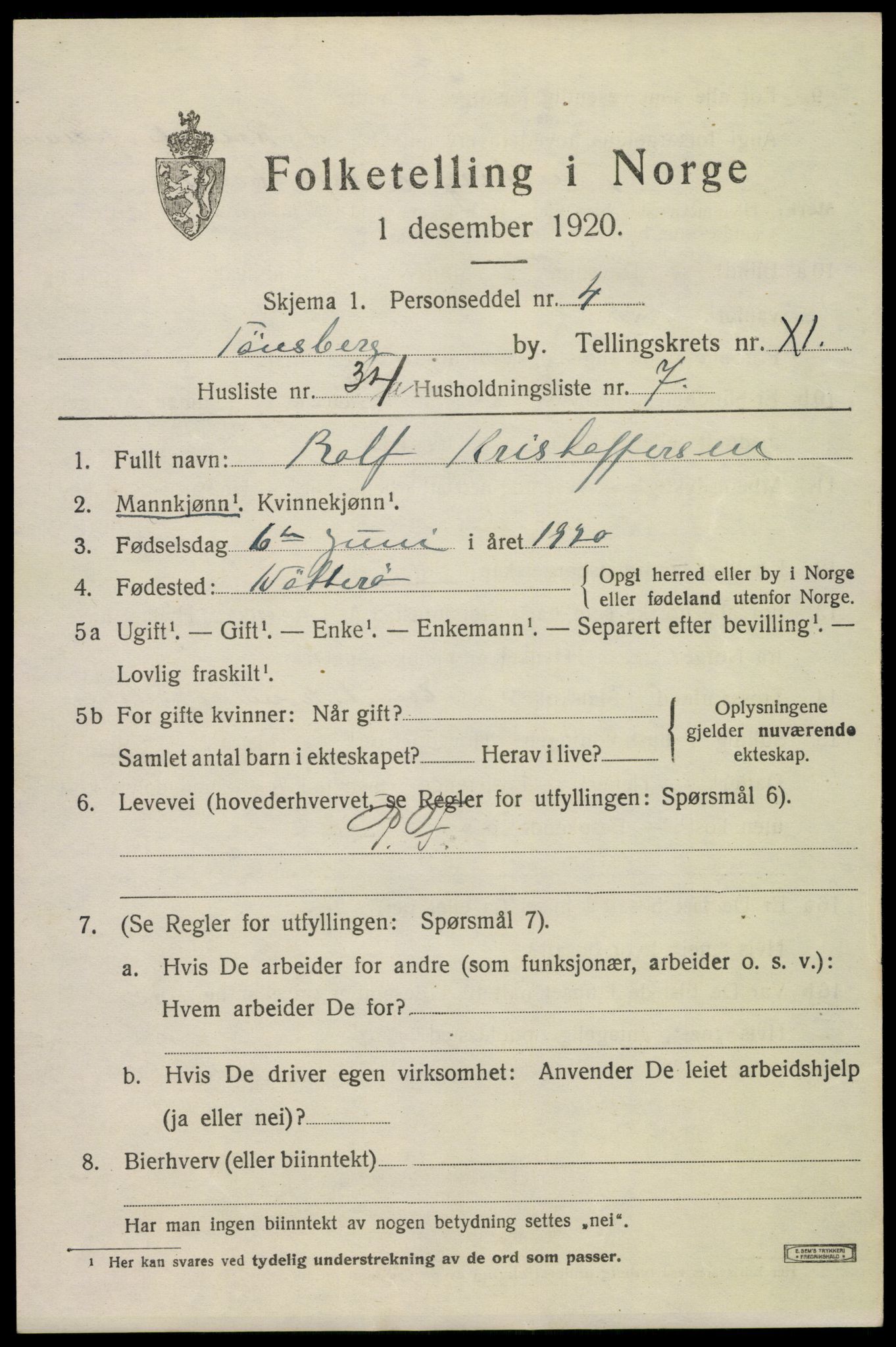 SAKO, 1920 census for Tønsberg, 1920, p. 19963