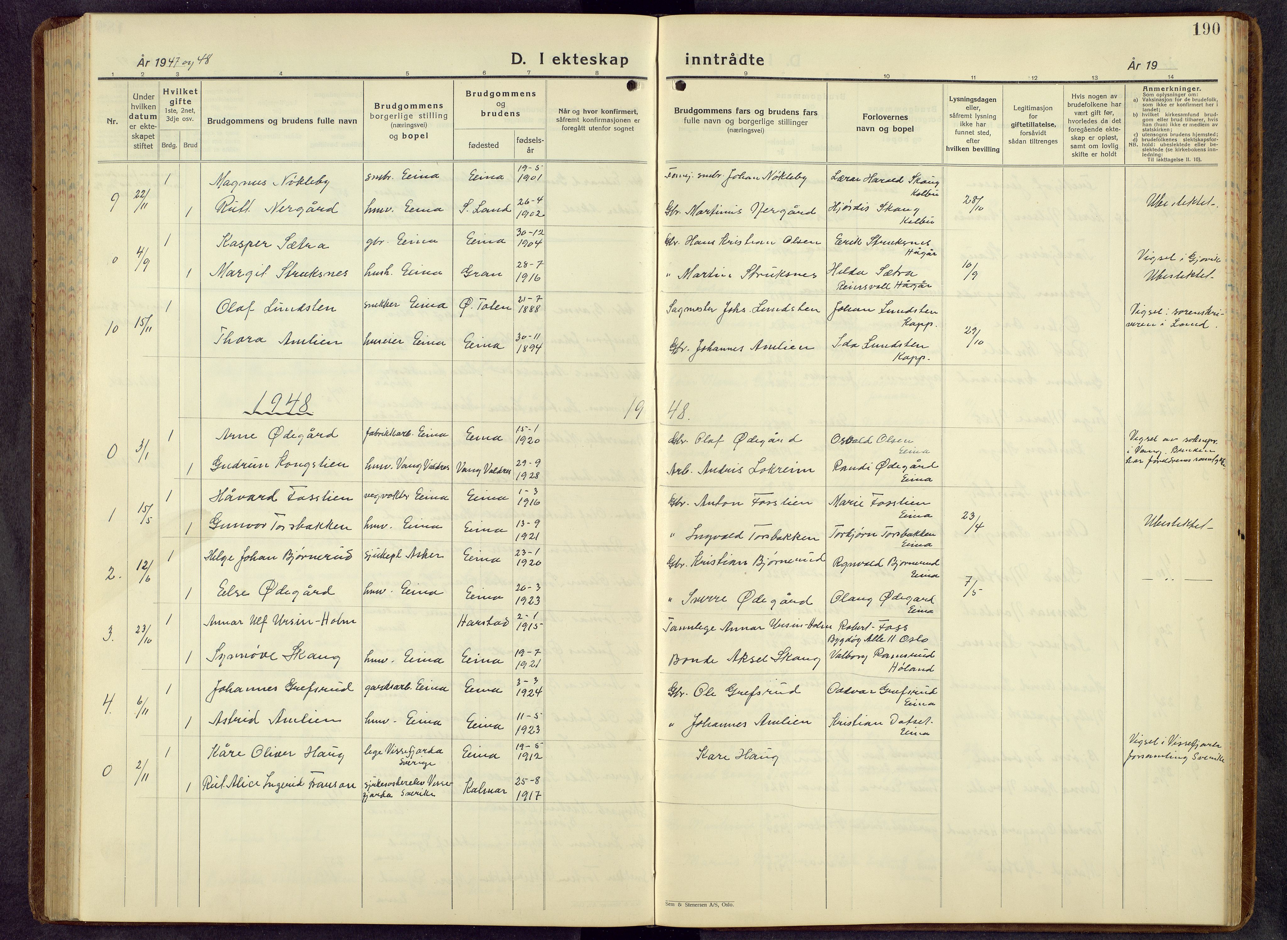 Kolbu prestekontor, AV/SAH-PREST-110/H/Ha/Hab/L0003: Parish register (copy) no. 3, 1935-1966, p. 190