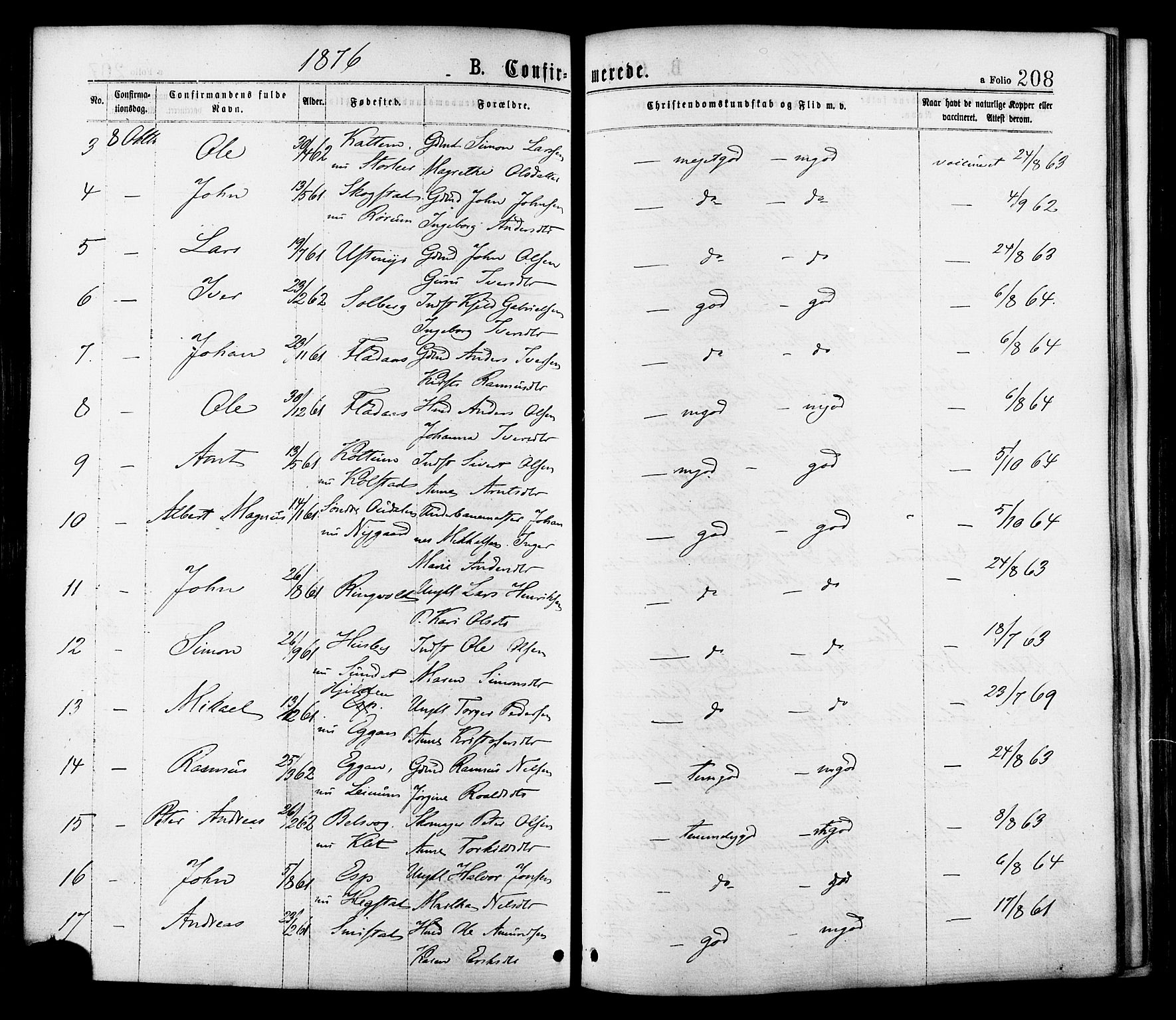 Ministerialprotokoller, klokkerbøker og fødselsregistre - Sør-Trøndelag, AV/SAT-A-1456/691/L1079: Parish register (official) no. 691A11, 1873-1886, p. 208