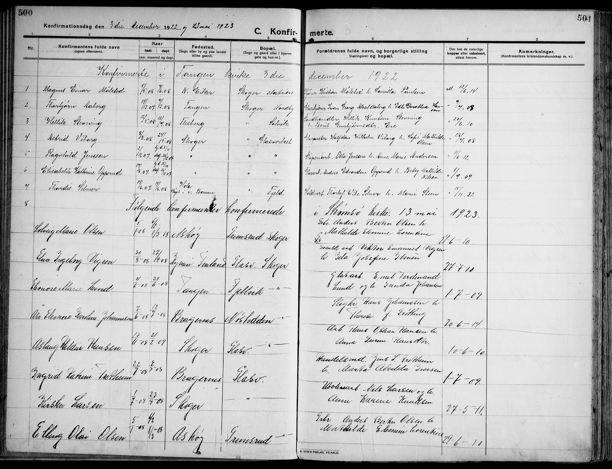 Skoger kirkebøker, AV/SAKO-A-59/F/Fa/L0007: Parish register (official) no. I 7, 1911-1936, p. 500-501