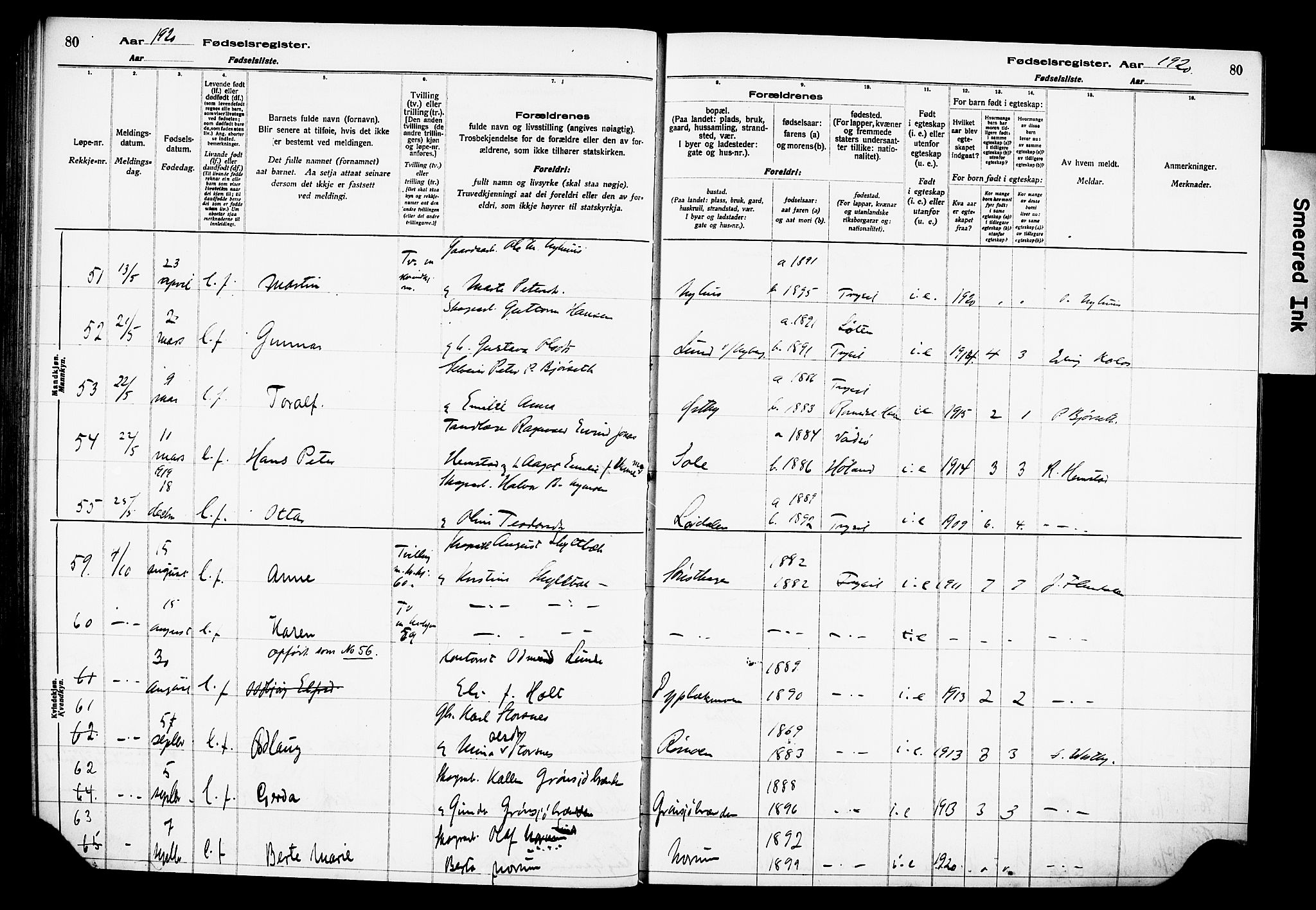 Trysil prestekontor, AV/SAH-PREST-046/I/Id/Ida/L0001: Birth register no. I 1, 1916-1927, p. 80