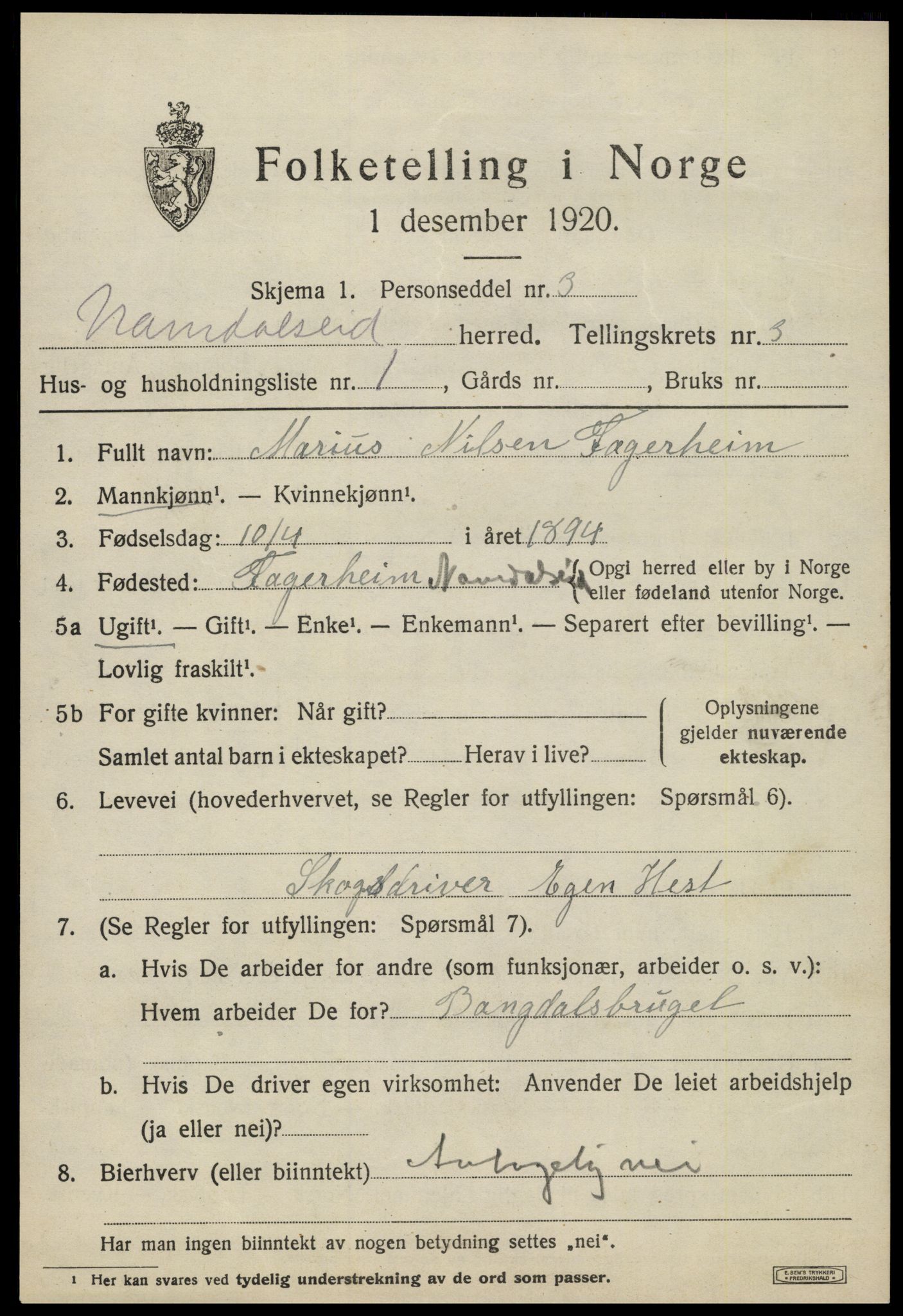 SAT, 1920 census for Namdalseid, 1920, p. 2334