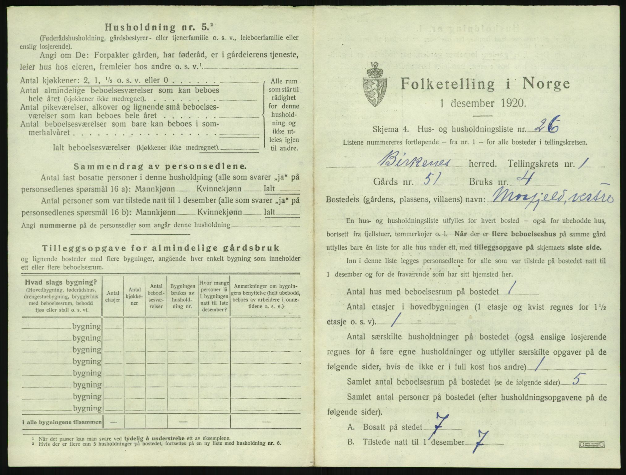 SAK, 1920 census for Birkenes, 1920, p. 85