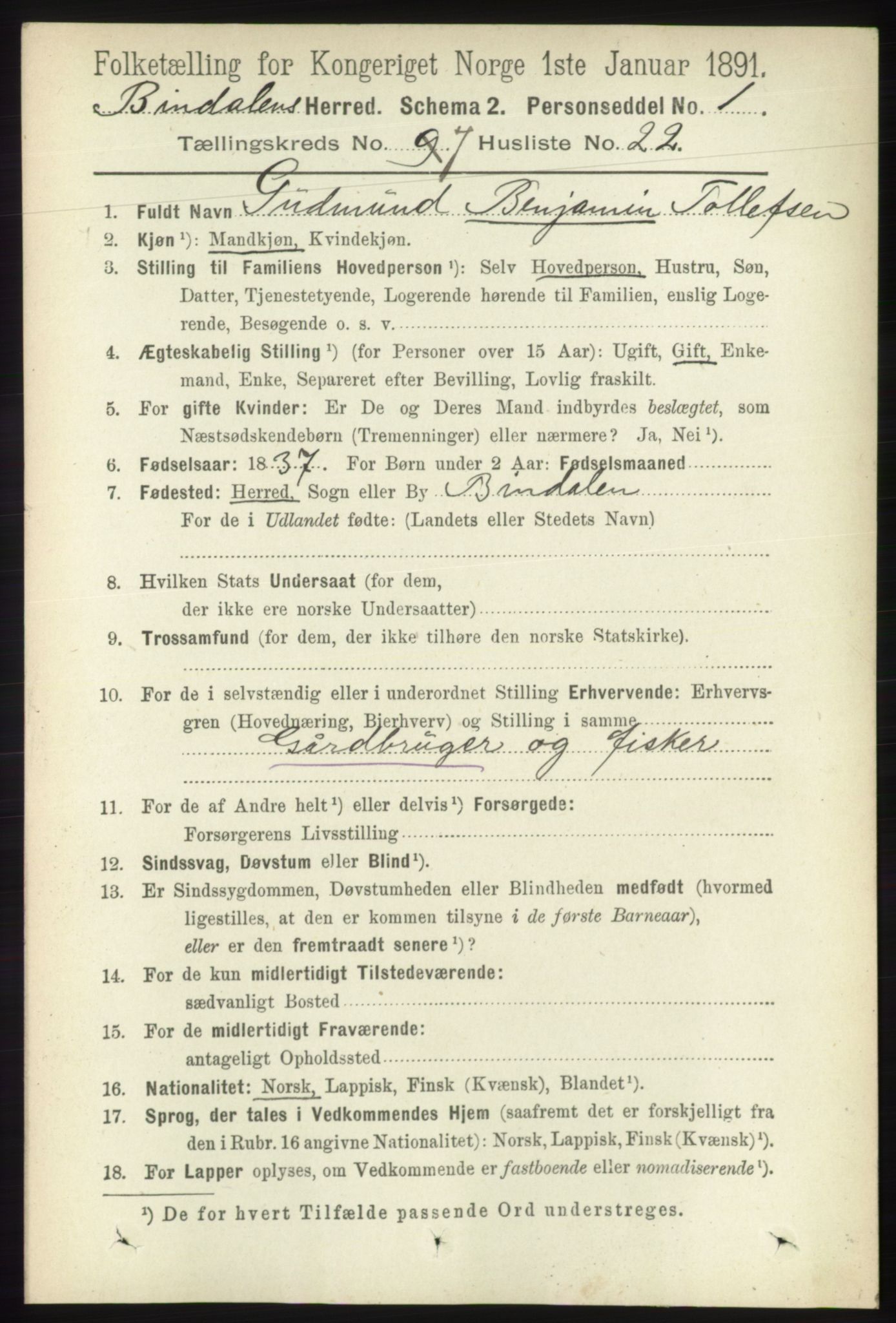 RA, 1891 census for 1811 Bindal, 1891, p. 2388