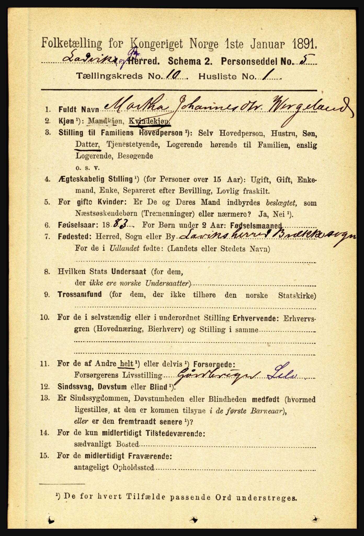 RA, 1891 census for 1415 Lavik og Brekke, 1891, p. 1980