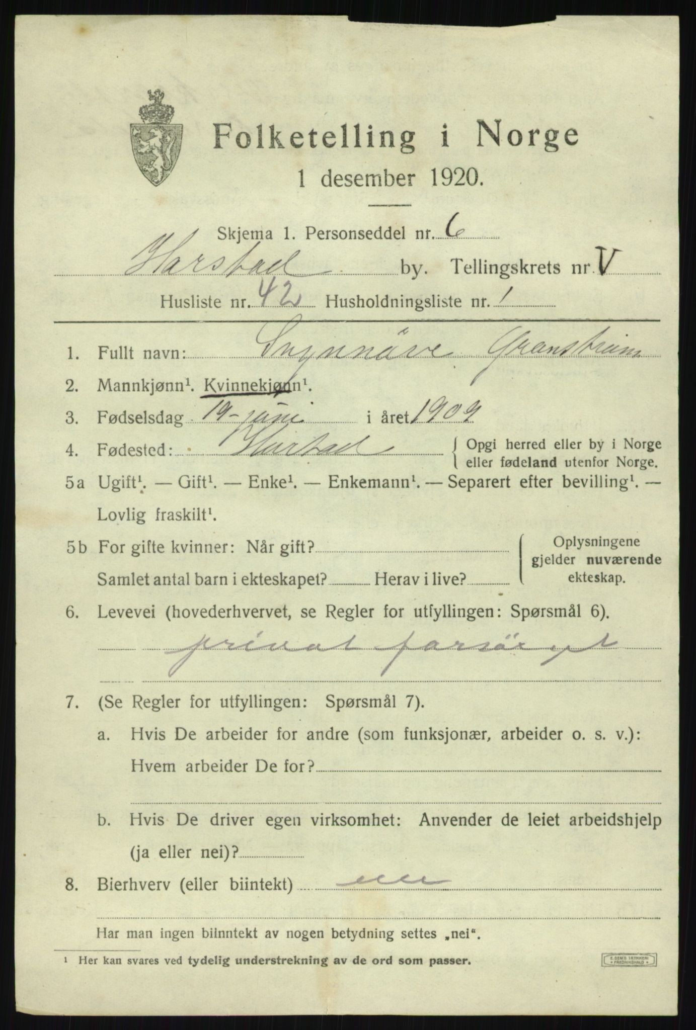 SATØ, 1920 census for Harstad, 1920, p. 7422