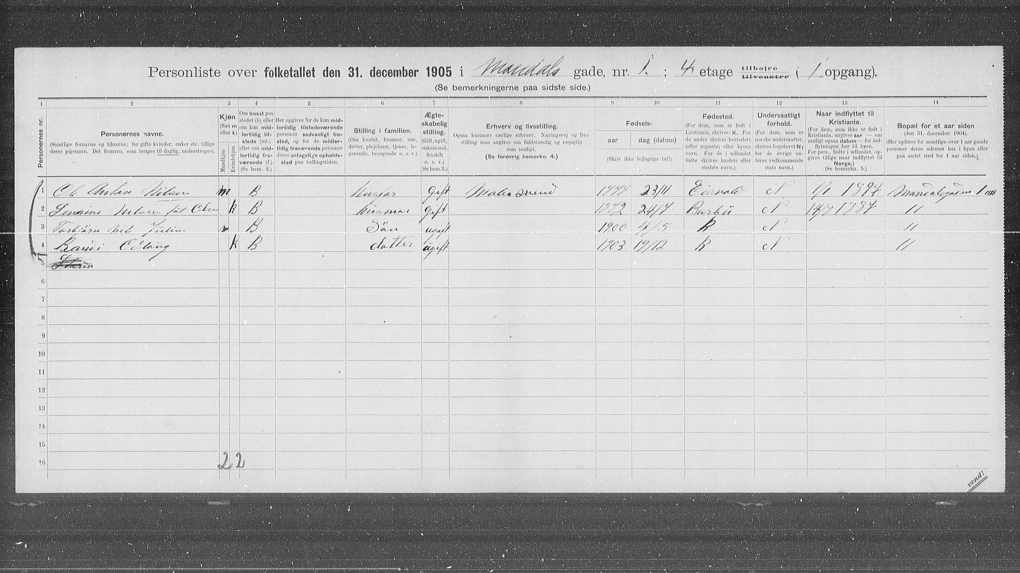 OBA, Municipal Census 1905 for Kristiania, 1905, p. 31534