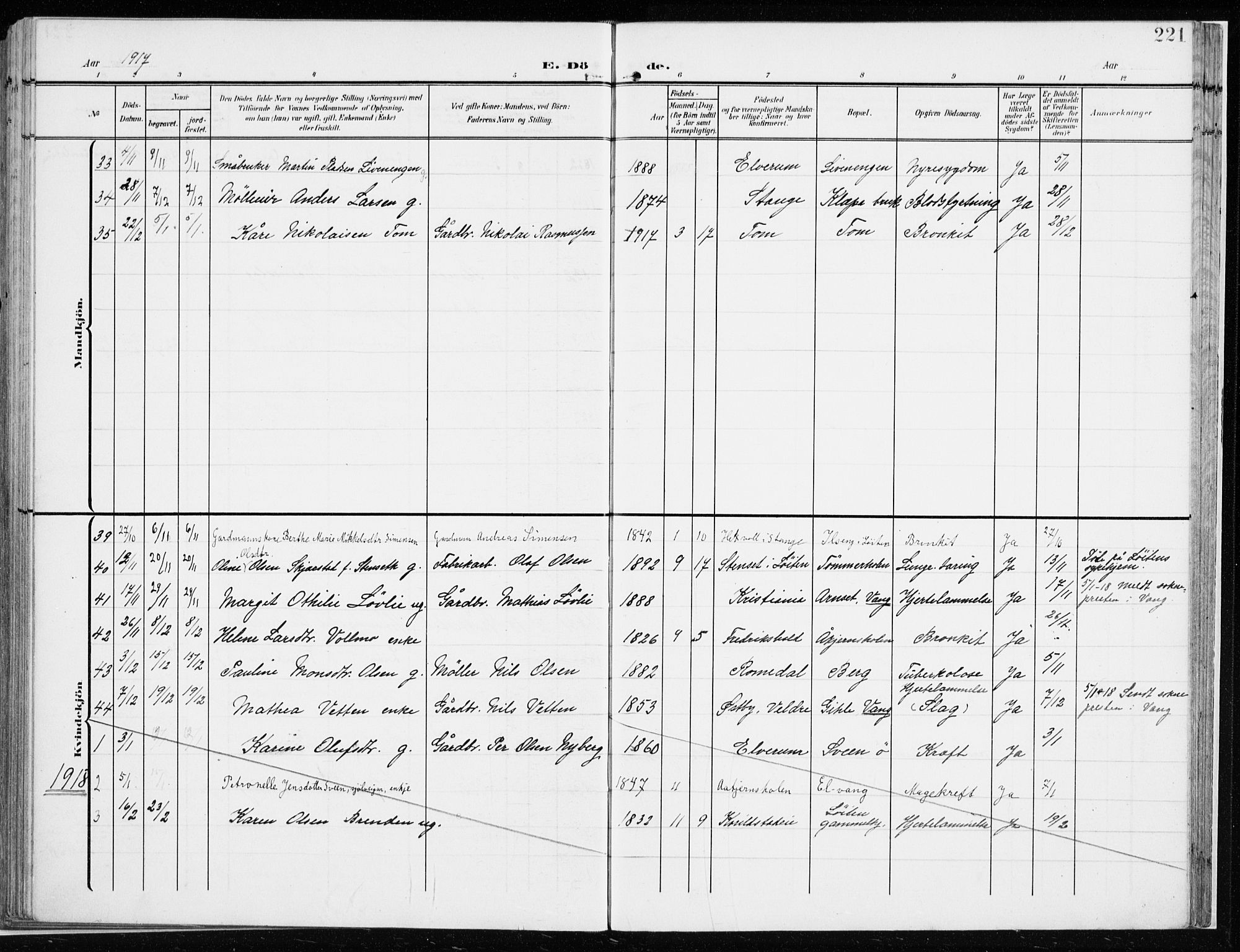 Løten prestekontor, SAH/PREST-022/K/Ka/L0011: Parish register (official) no. 11, 1908-1917, p. 221