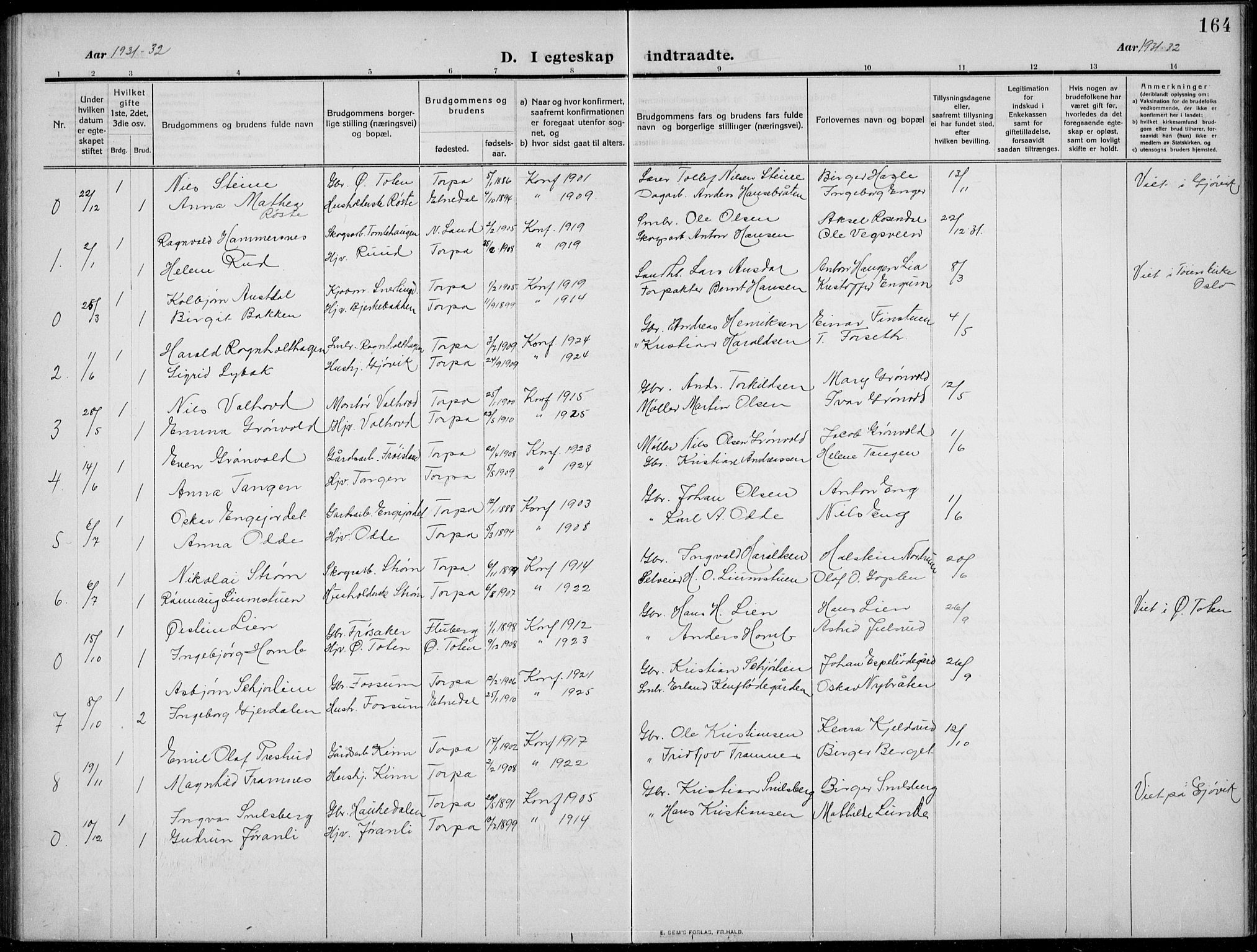 Nordre Land prestekontor, SAH/PREST-124/H/Ha/Hab/L0002: Parish register (copy) no. 2, 1909-1934, p. 164