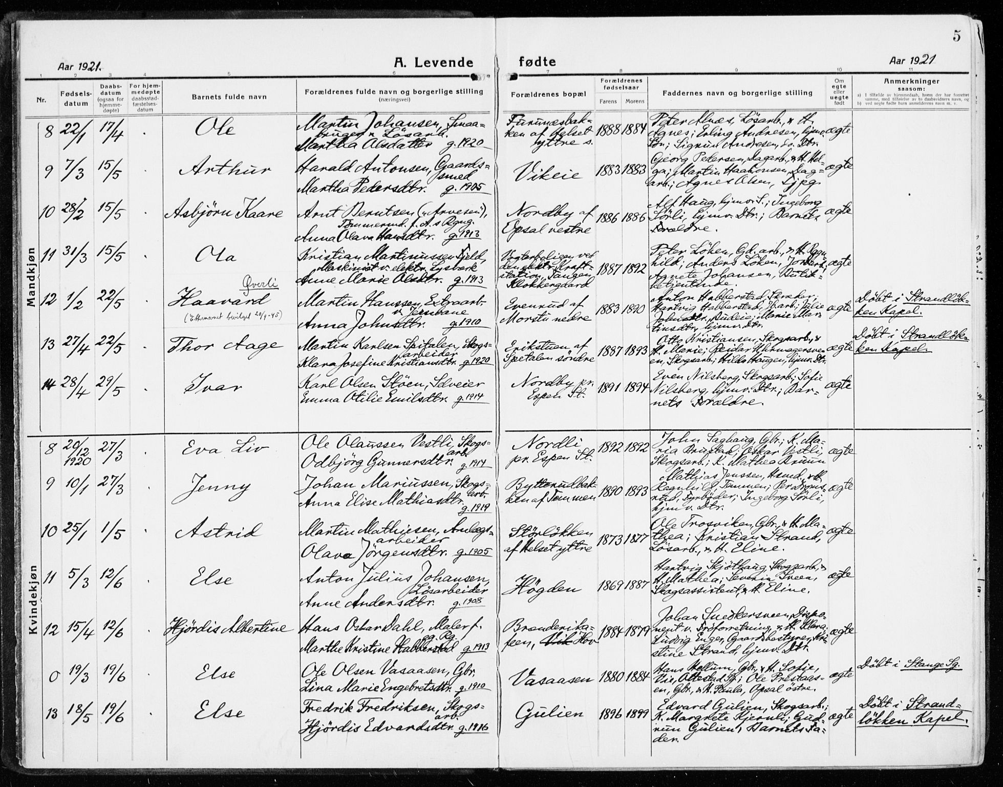 Stange prestekontor, SAH/PREST-002/K/L0025: Parish register (official) no. 25, 1921-1945, p. 5