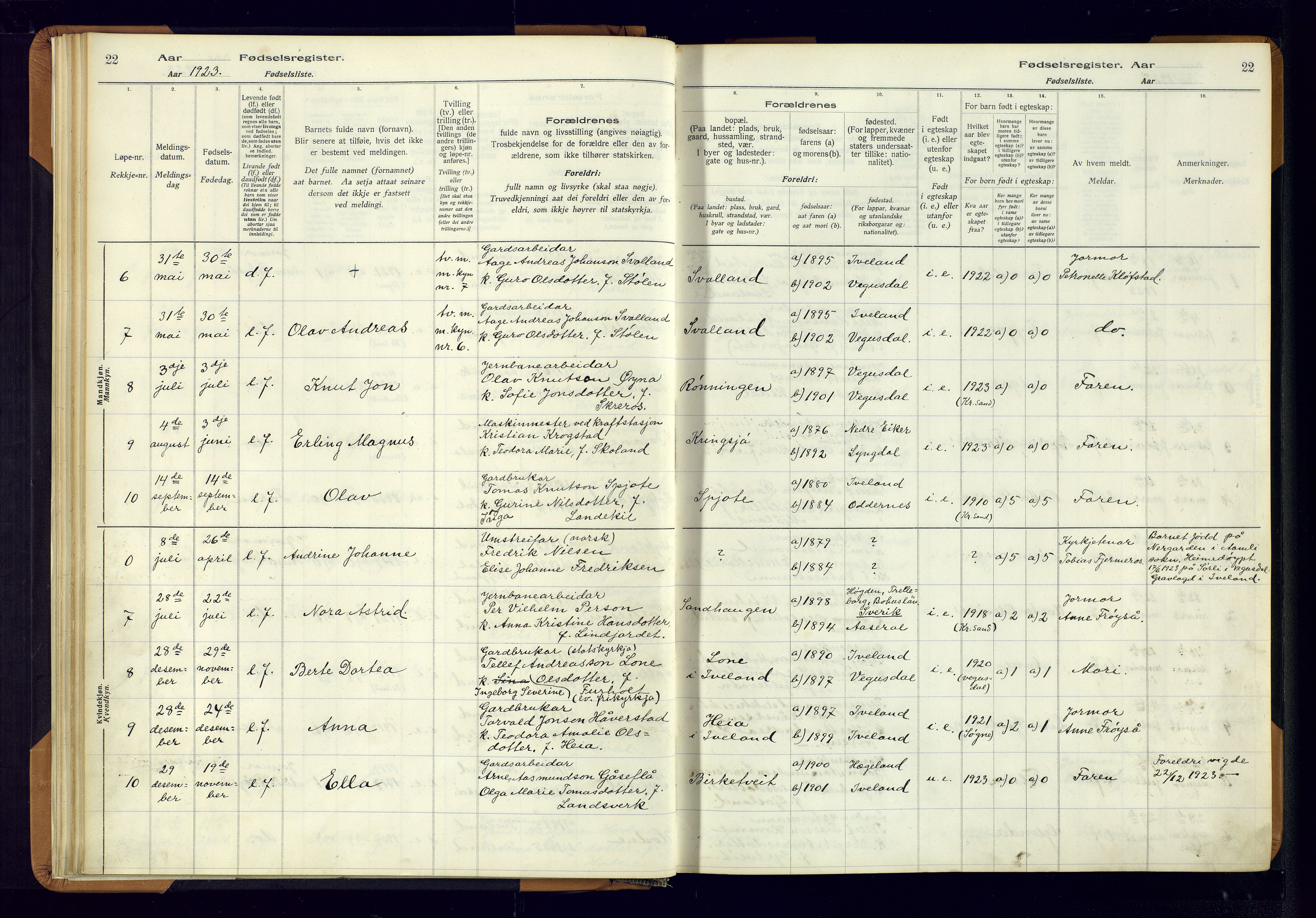 Evje sokneprestkontor, AV/SAK-1111-0008/J/Jc/L0003: Birth register no. II.4.3, 1916-1982, p. 22