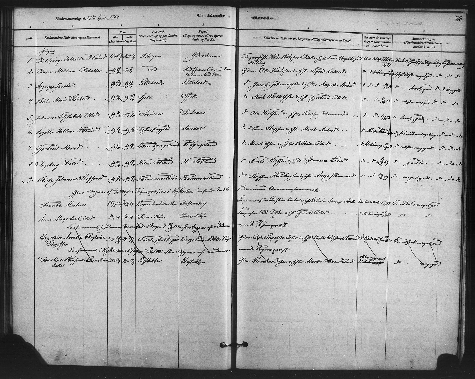 Fana Sokneprestembete, AV/SAB-A-75101/H/Haa/Haai/L0001: Parish register (official) no. I 1, 1878-1888, p. 58