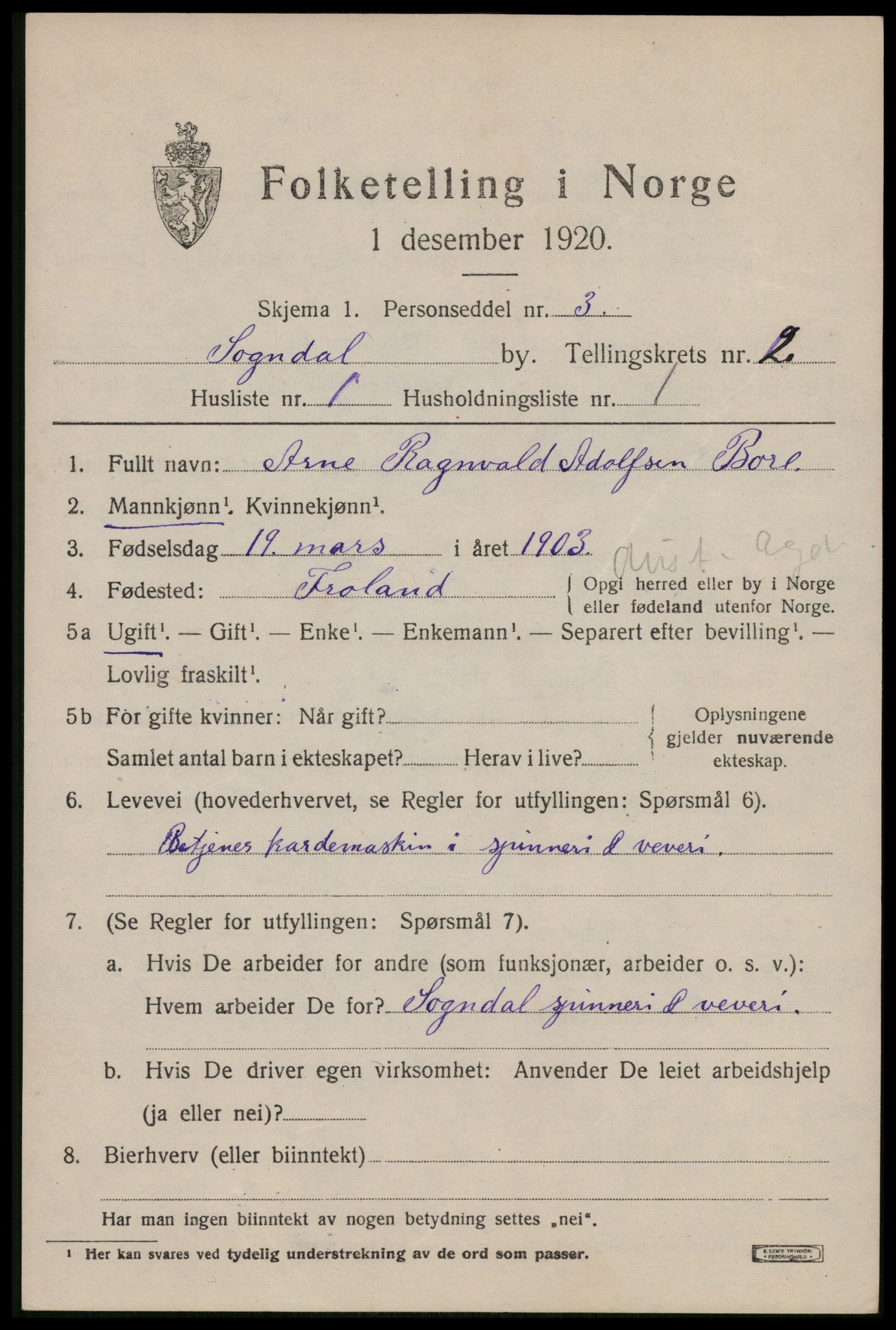 SAST, 1920 census for Sokndal town, 1920, p. 639