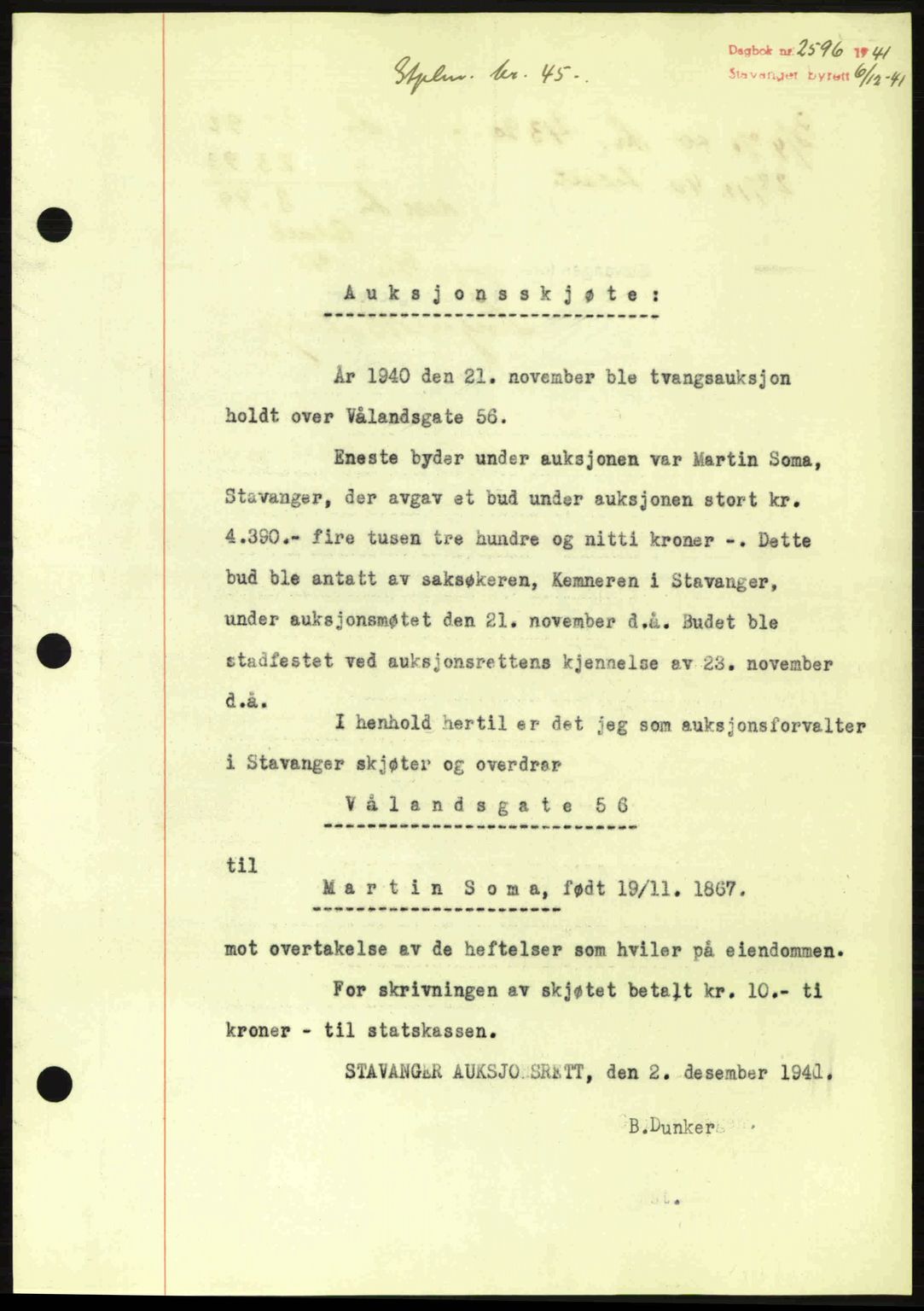 Stavanger byrett, SAST/A-100455/002/G/Gb/L0017: Mortgage book no. A7, 1941-1943, Diary no: : 2596/1941