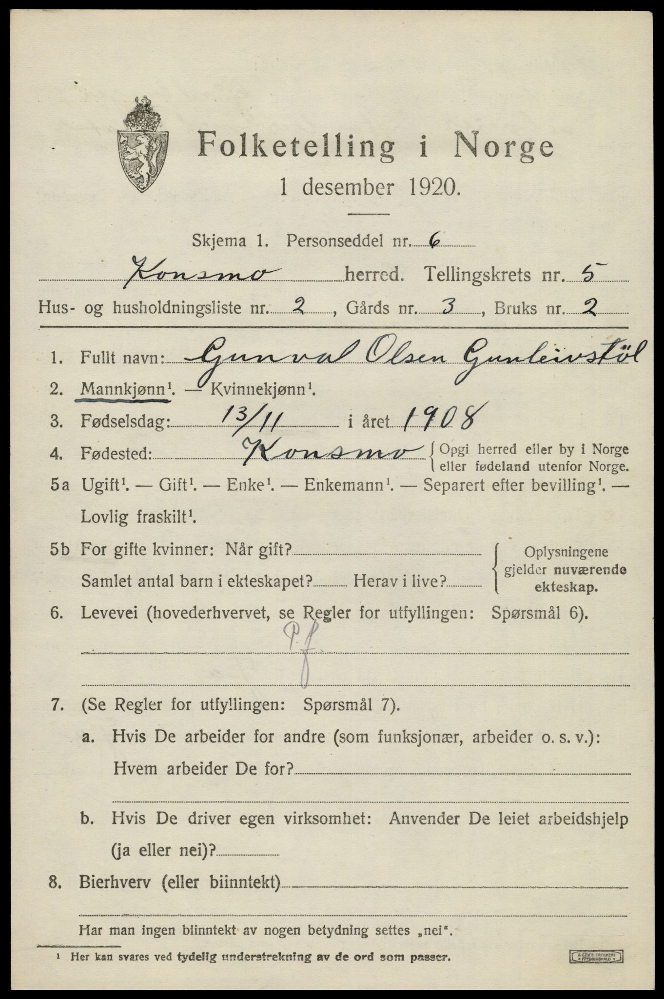 SAK, 1920 census for Konsmo, 1920, p. 1290
