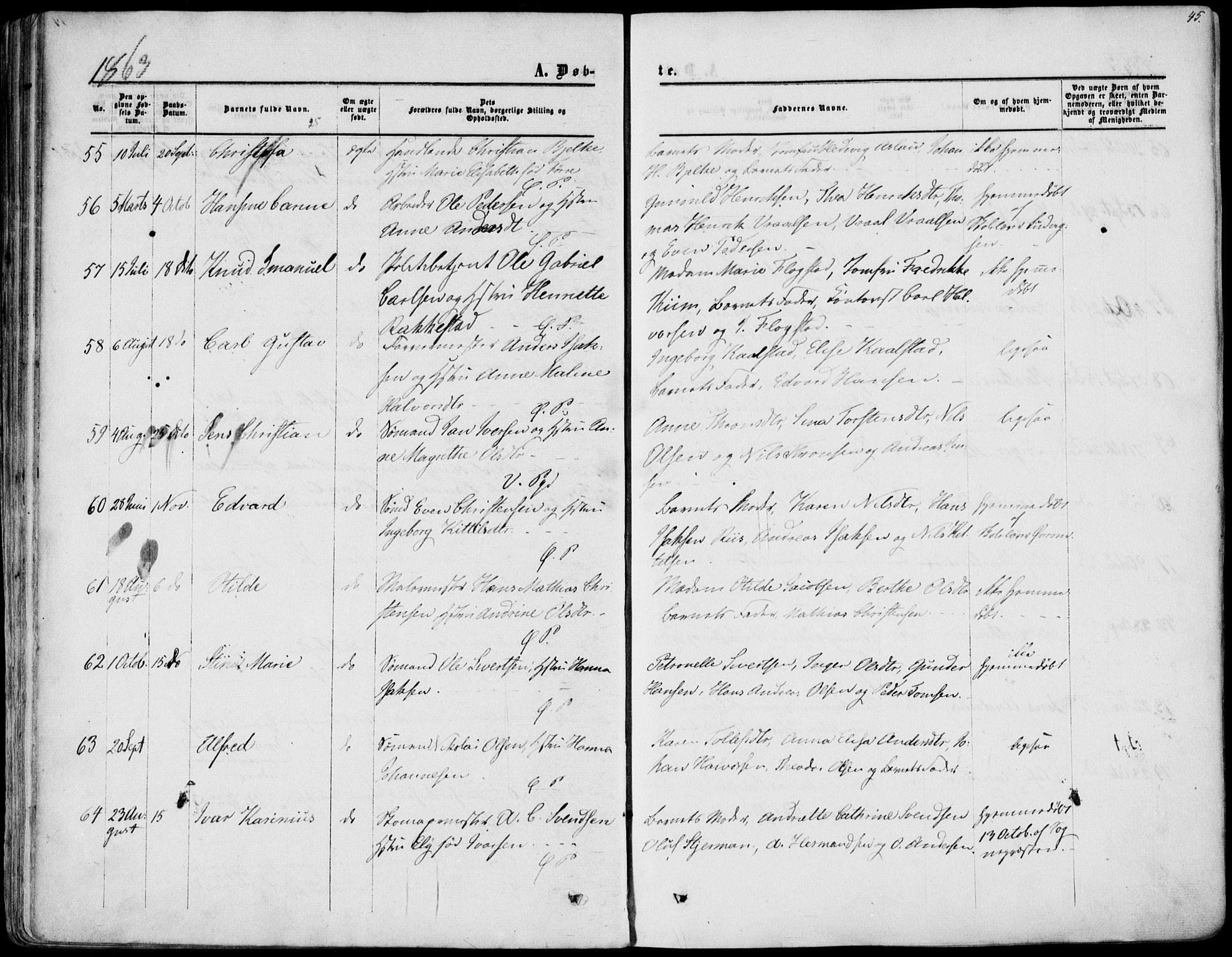 Porsgrunn kirkebøker , AV/SAKO-A-104/F/Fa/L0007: Parish register (official) no. 7, 1858-1877, p. 45