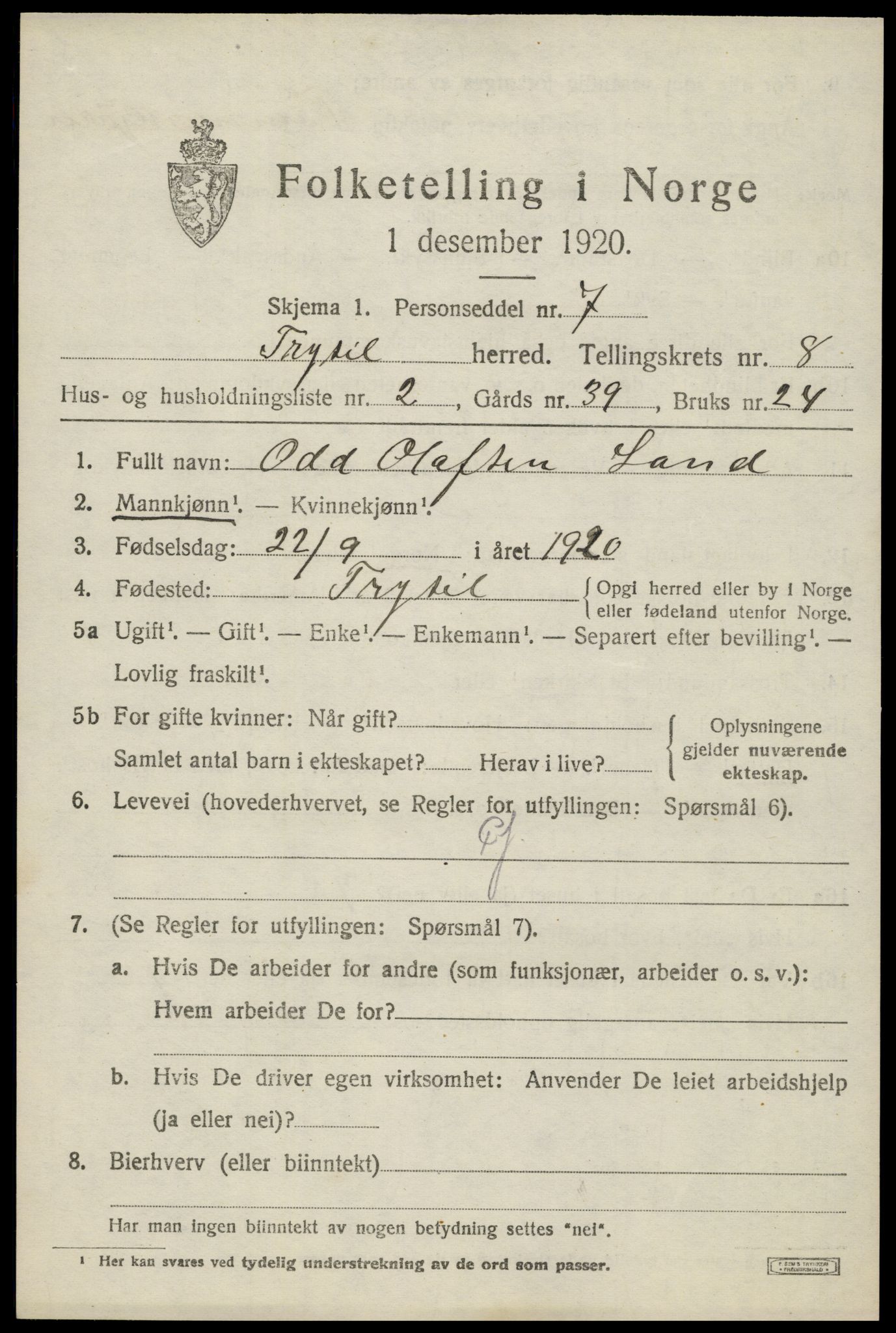 SAH, 1920 census for Trysil, 1920, p. 6245