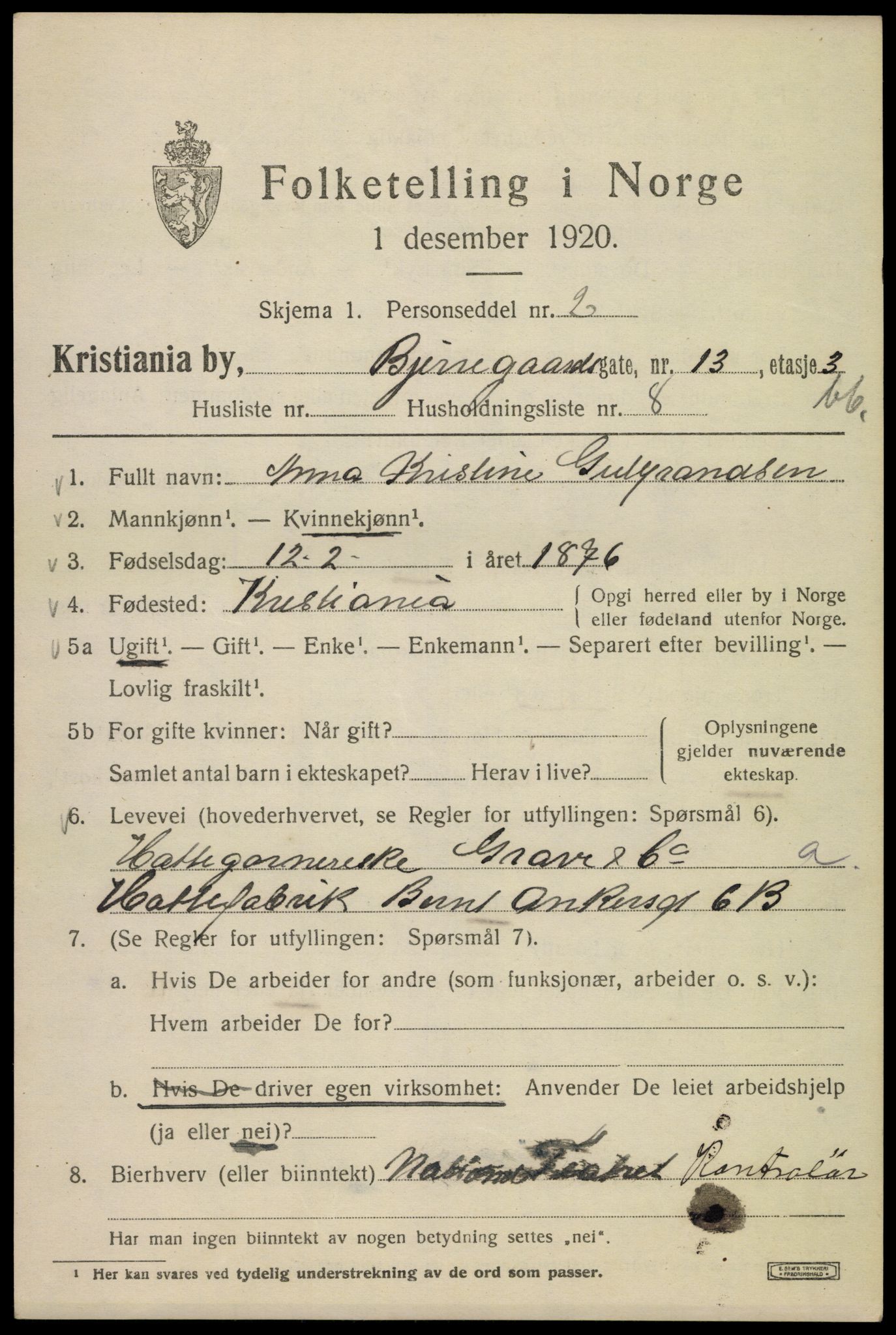 SAO, 1920 census for Kristiania, 1920, p. 159617