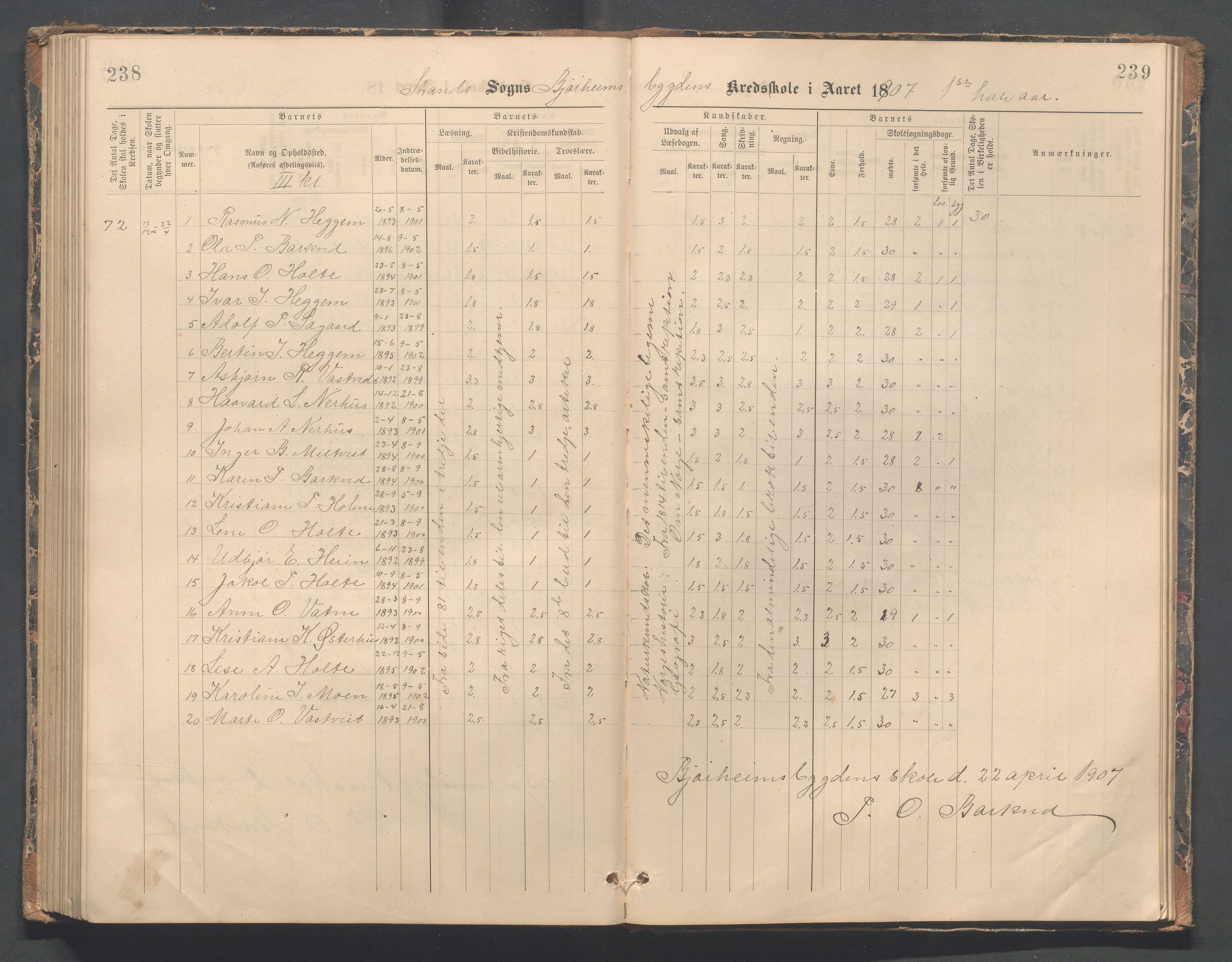 Strand kommune - Bjørheimsbygd skole, IKAR/A-147/H/L0002: Skoleprotokoll for Bjørheimsbygd og Lekvam krets, 1891-1907, p. 238-239