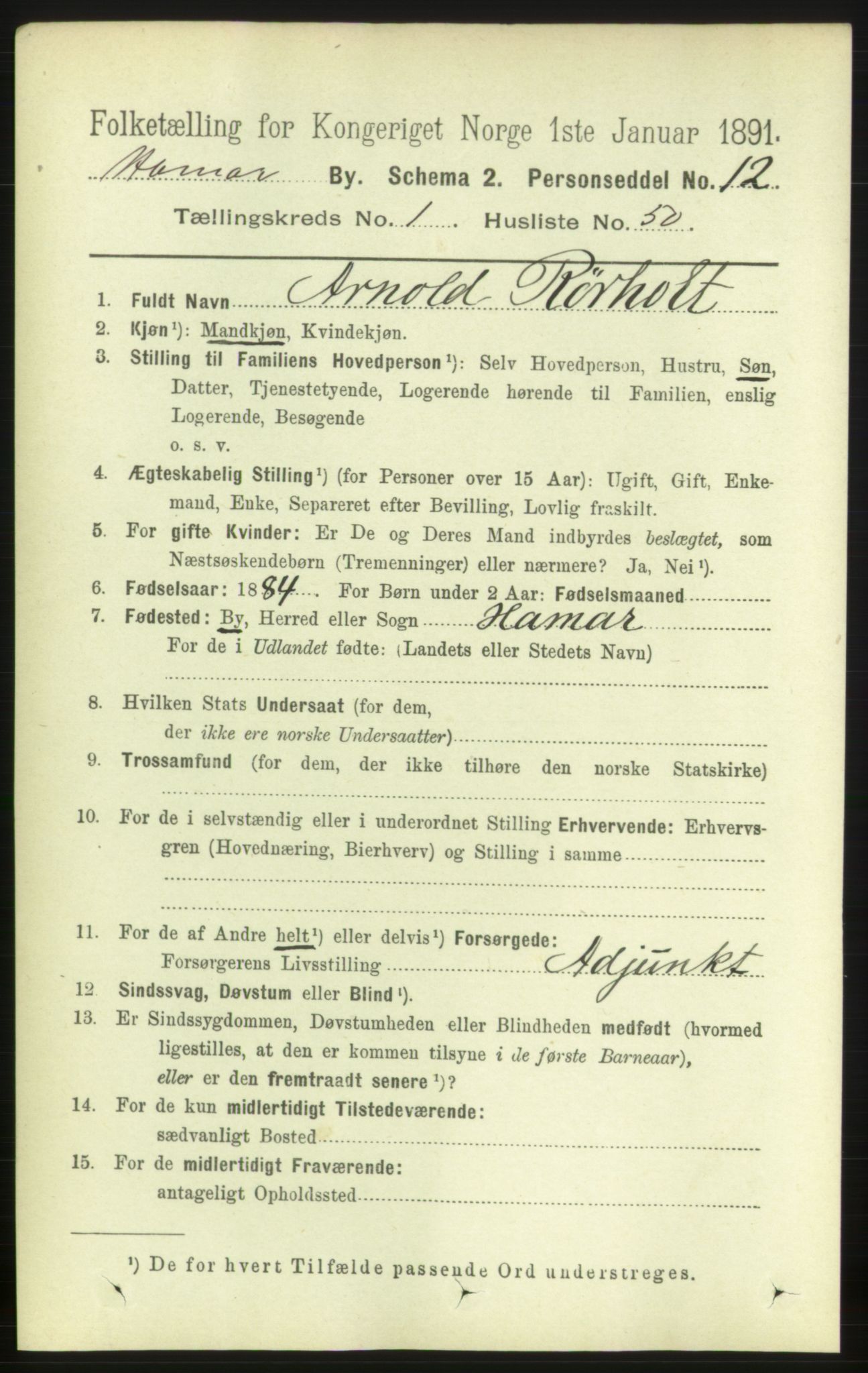 RA, 1891 census for 0401 Hamar, 1891, p. 883